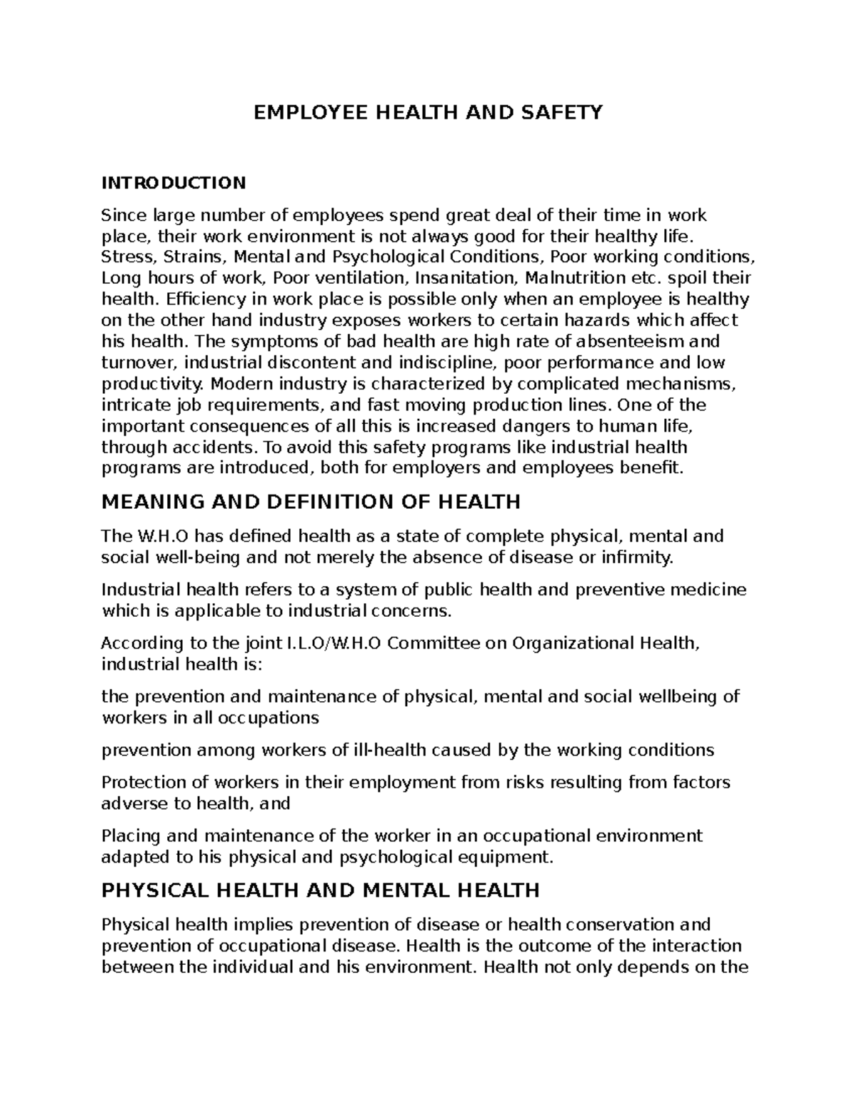 Employee Health AND Safety - EMPLOYEE HEALTH AND SAFETY INTRODUCTION