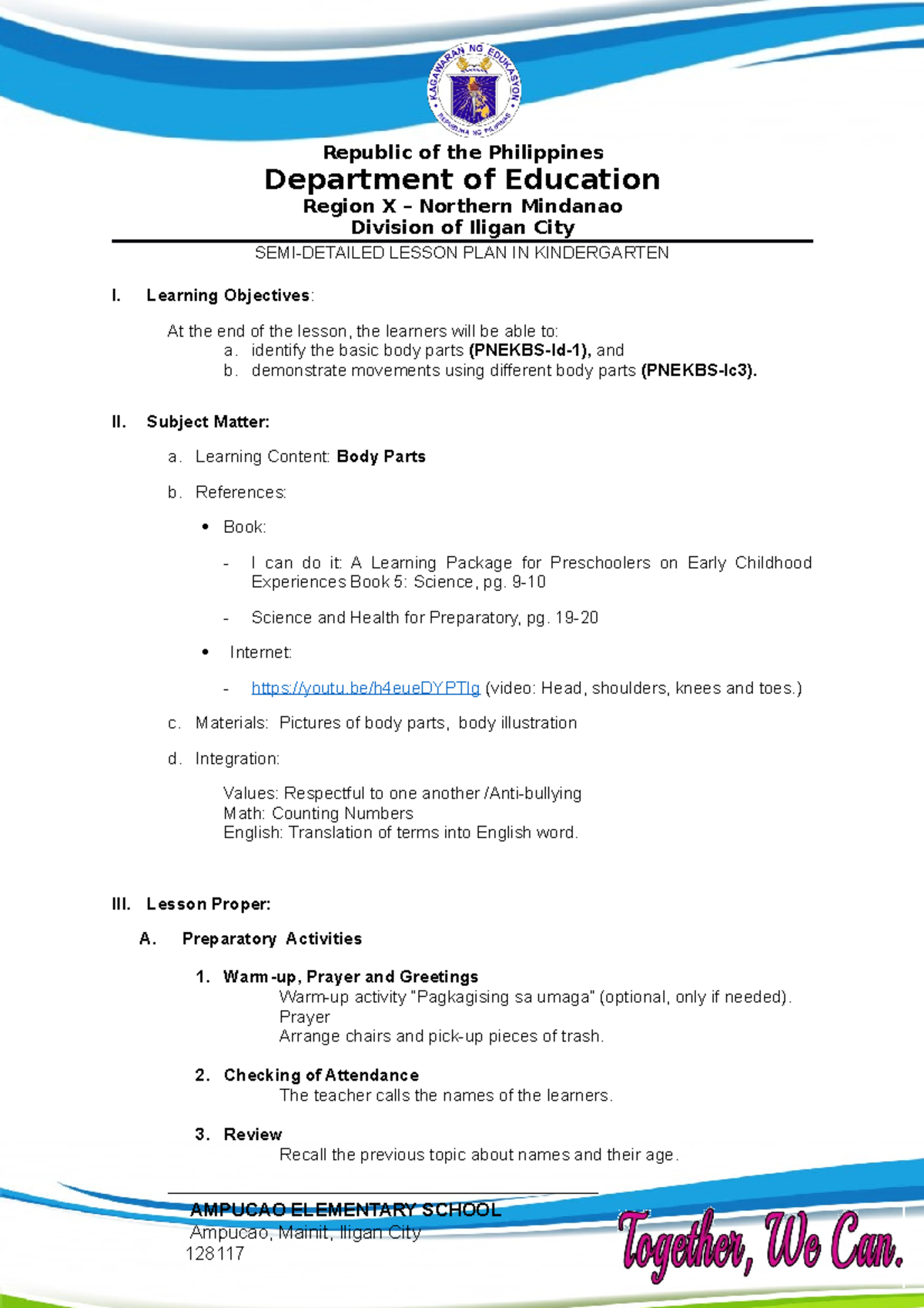 BODY Parts semi detailed lesson plan - Republic of the Philippines ...