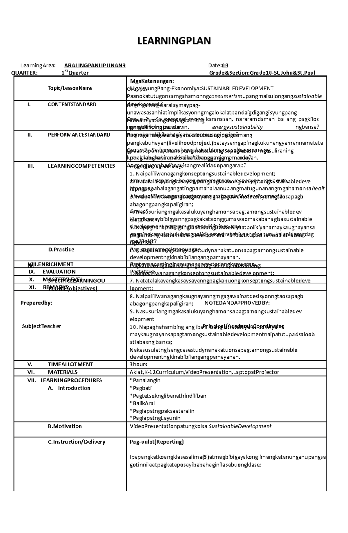 DLP 10 AP - notes - LEARNINGPLAN LearningArea: ARALINGPANLIPUNAN9 Date ...