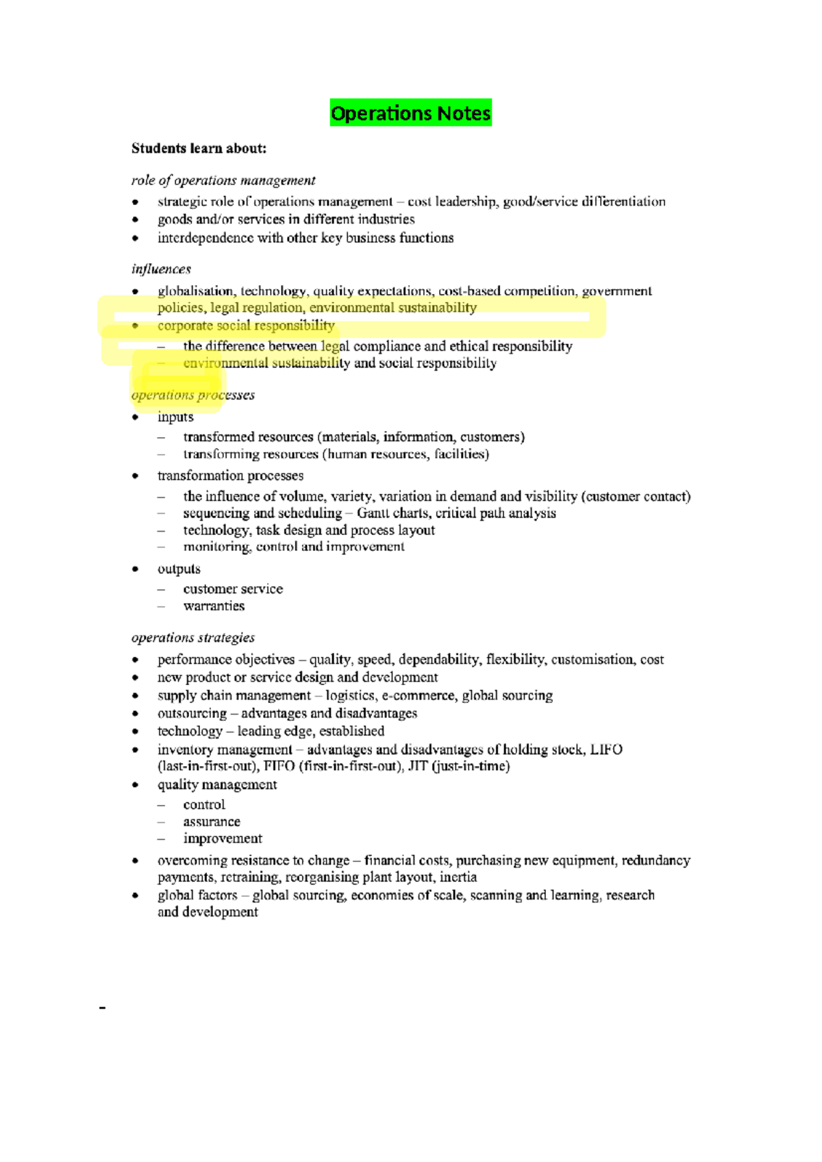 Operations Business Notes - Operations Notes Business Notes Role of ...