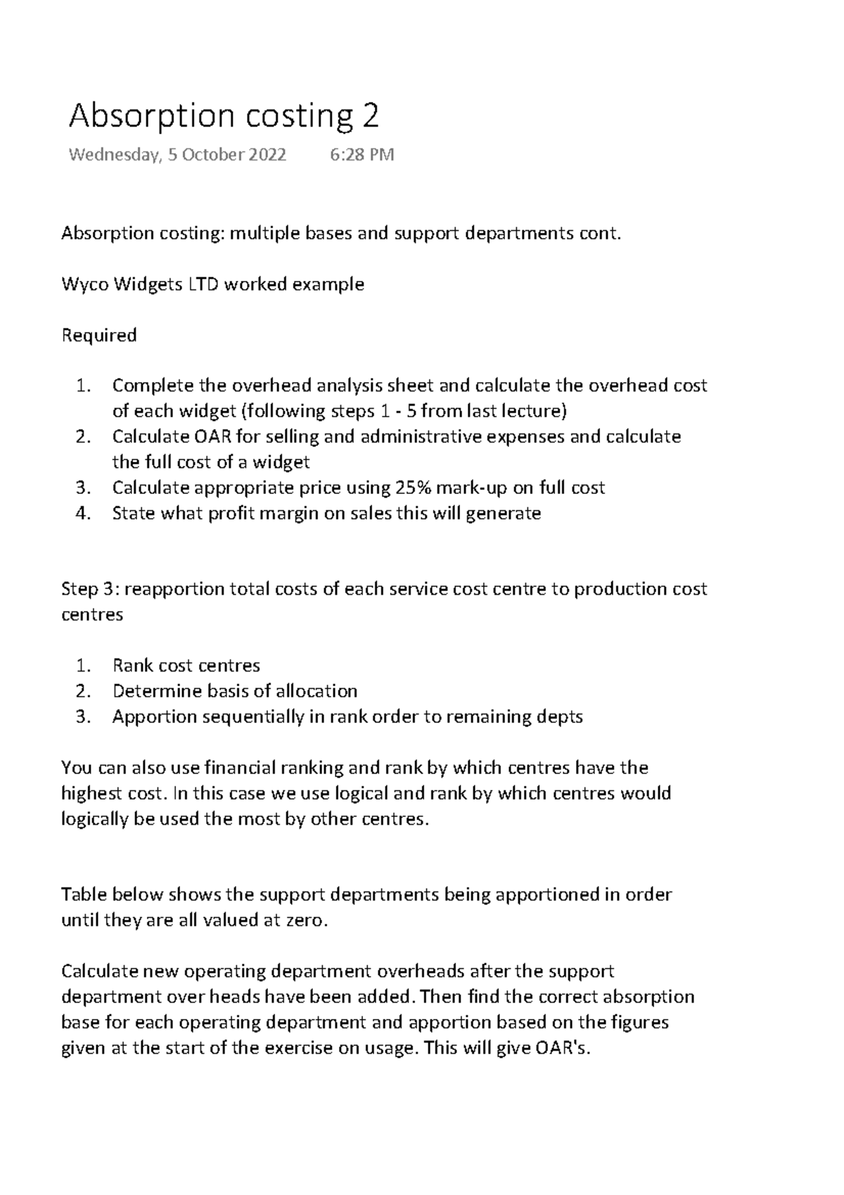 Absorption costing 2 Wyco Widgets LTD worked example Required