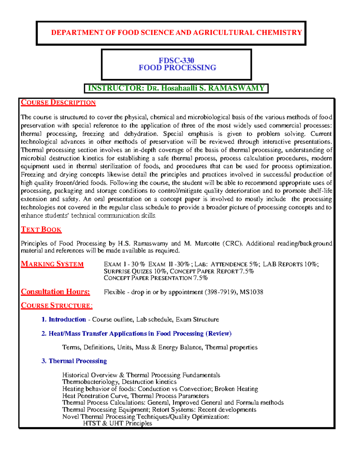 Food Processing Course 2019 DEPARTMENT OF FOOD SCIENCE AND