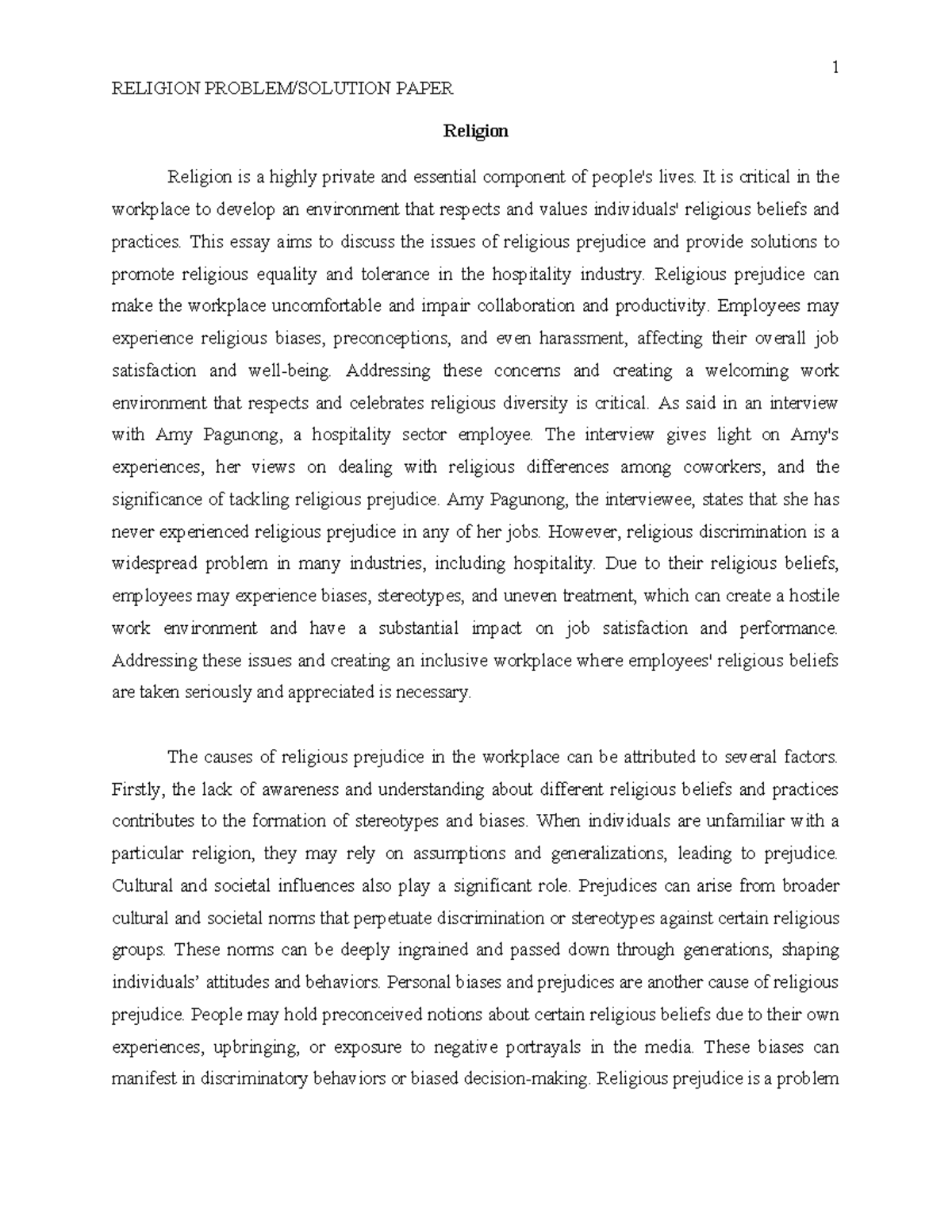 Problem-Solution Paper - Religion - 1 RELIGION PROBLEM/SOLUTION PAPER ...