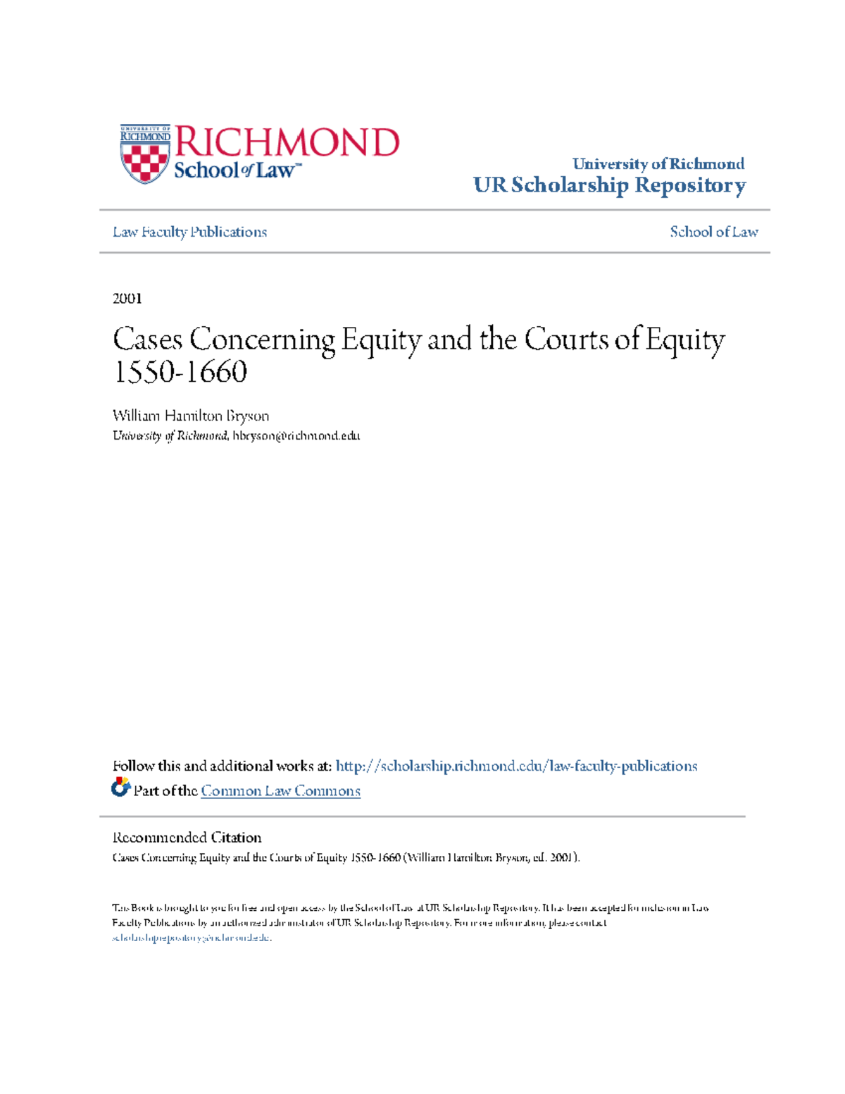 Cases Concerning Equity and the Courts of Equity 15501660 University