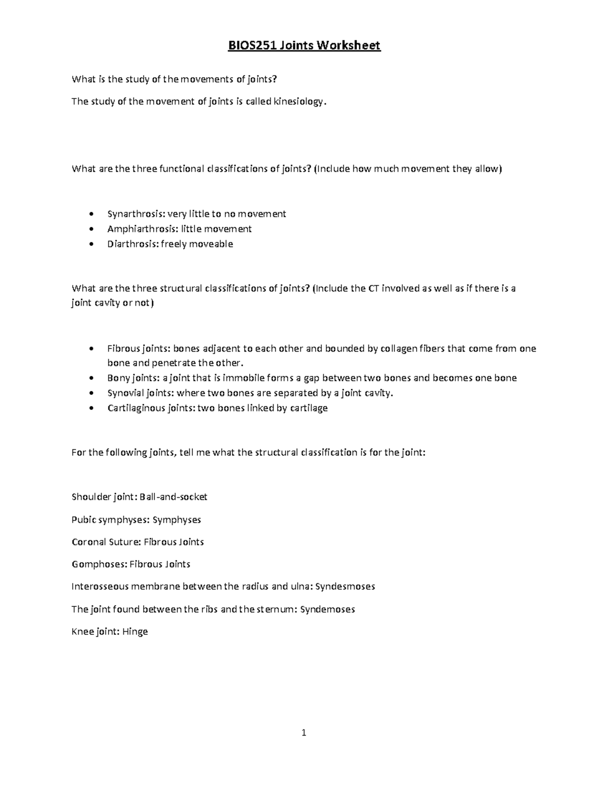 BIOS251 Week 7 Joints Worksheet - What is the study of the movements of ...