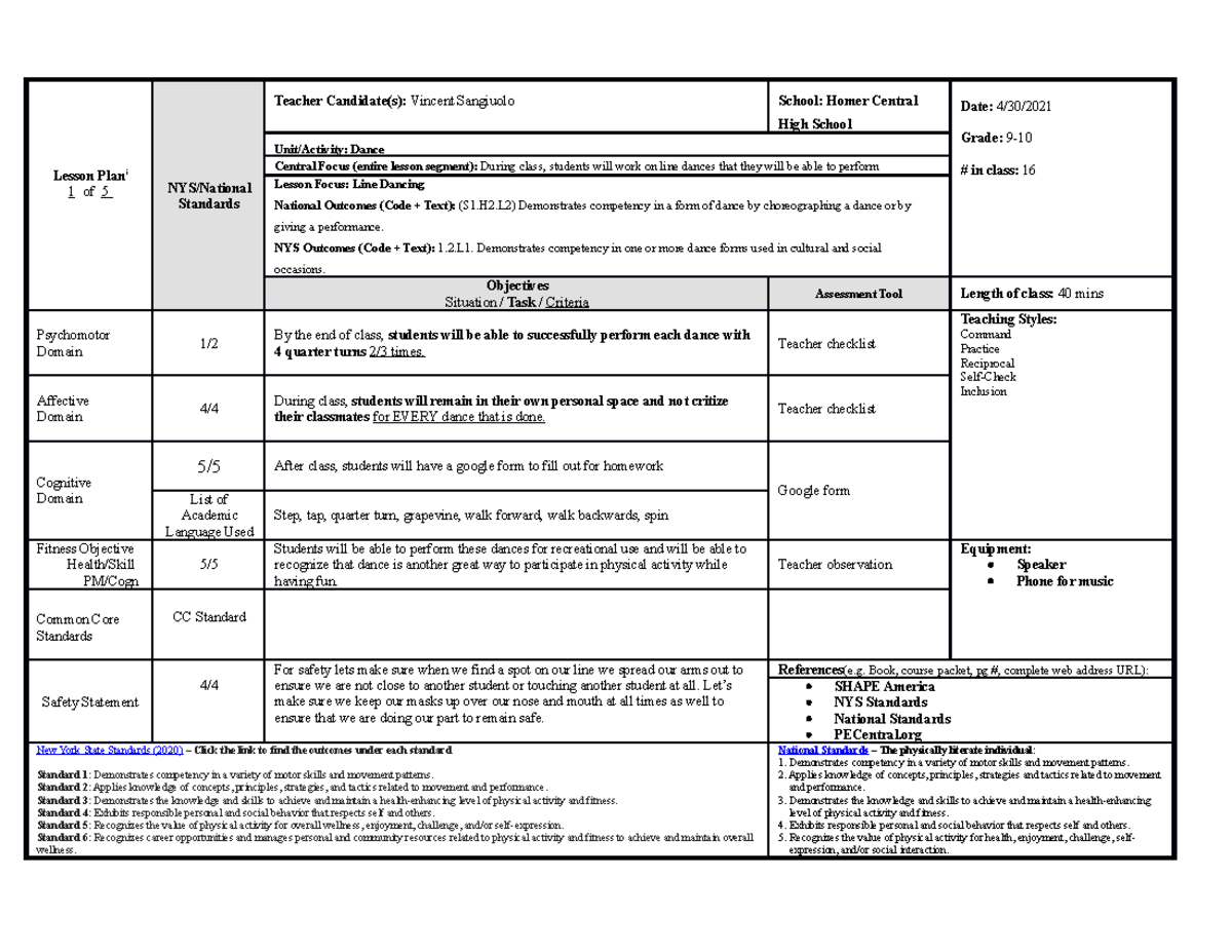 St Week 10 Lp Dance - Lesson Plan Physical Education - Lesson Plani 1 