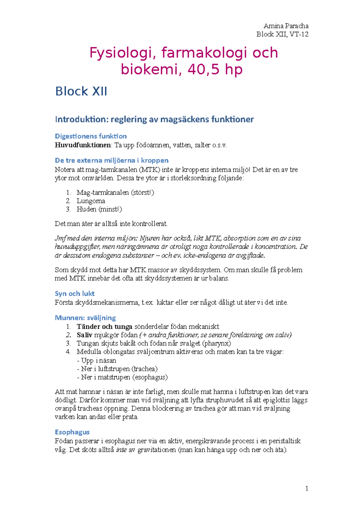 Lecture notes, Block 12 - Fysiologi, farmakologi och biokemi 