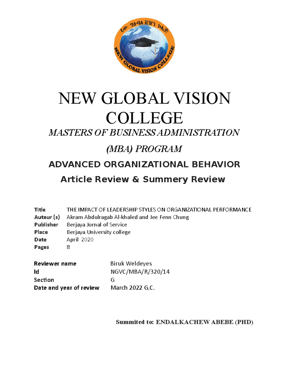 Summary organizational behavior NEW GLOBAL VISION COLLEGE MASTERS OF