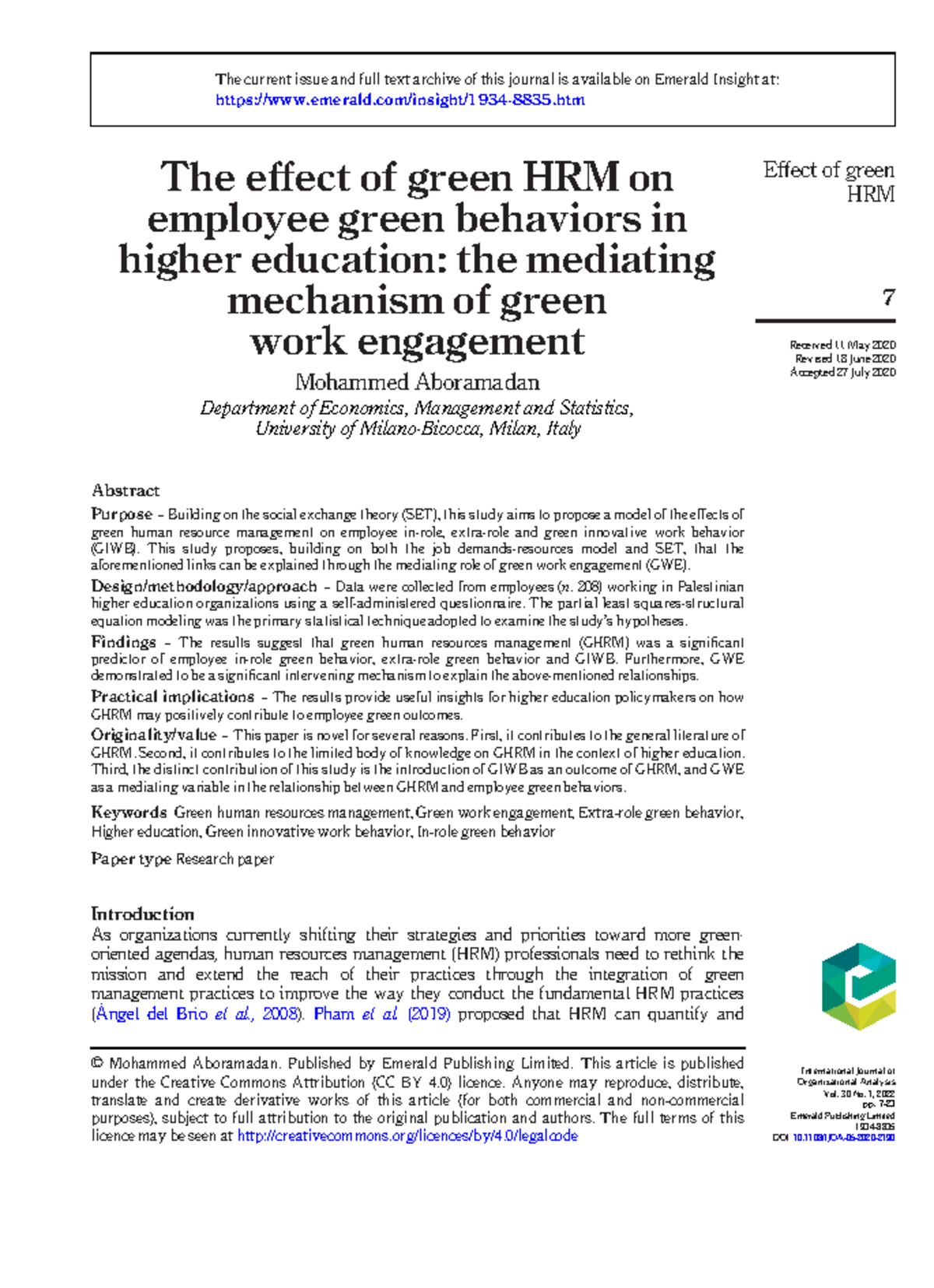 222866 - helpful for research - The effect of green HRM on employee ...