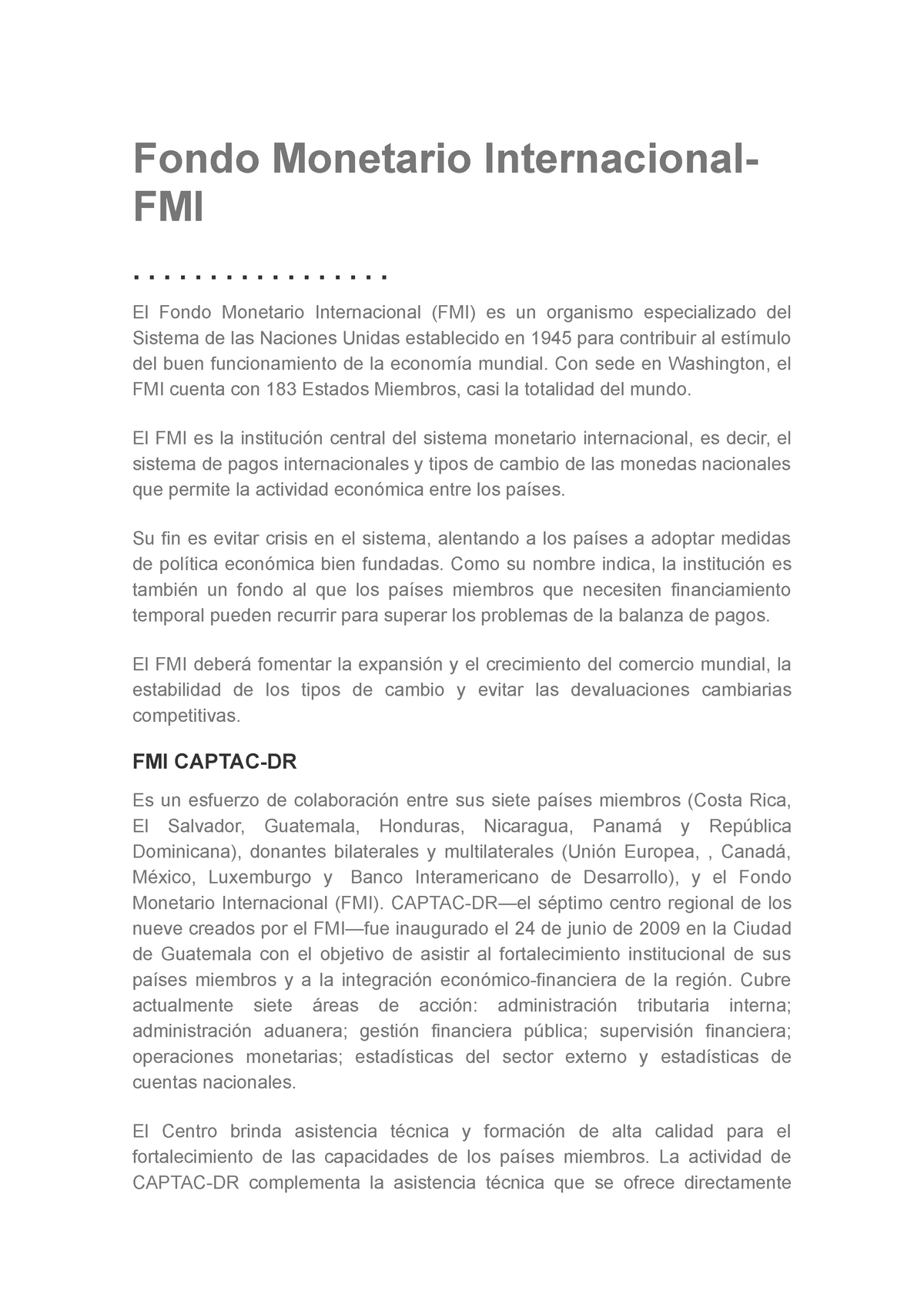 Fondo Monetario Internacional resumen y su desarrollo - Fondo Monetario  Internacional- FMI - Studocu