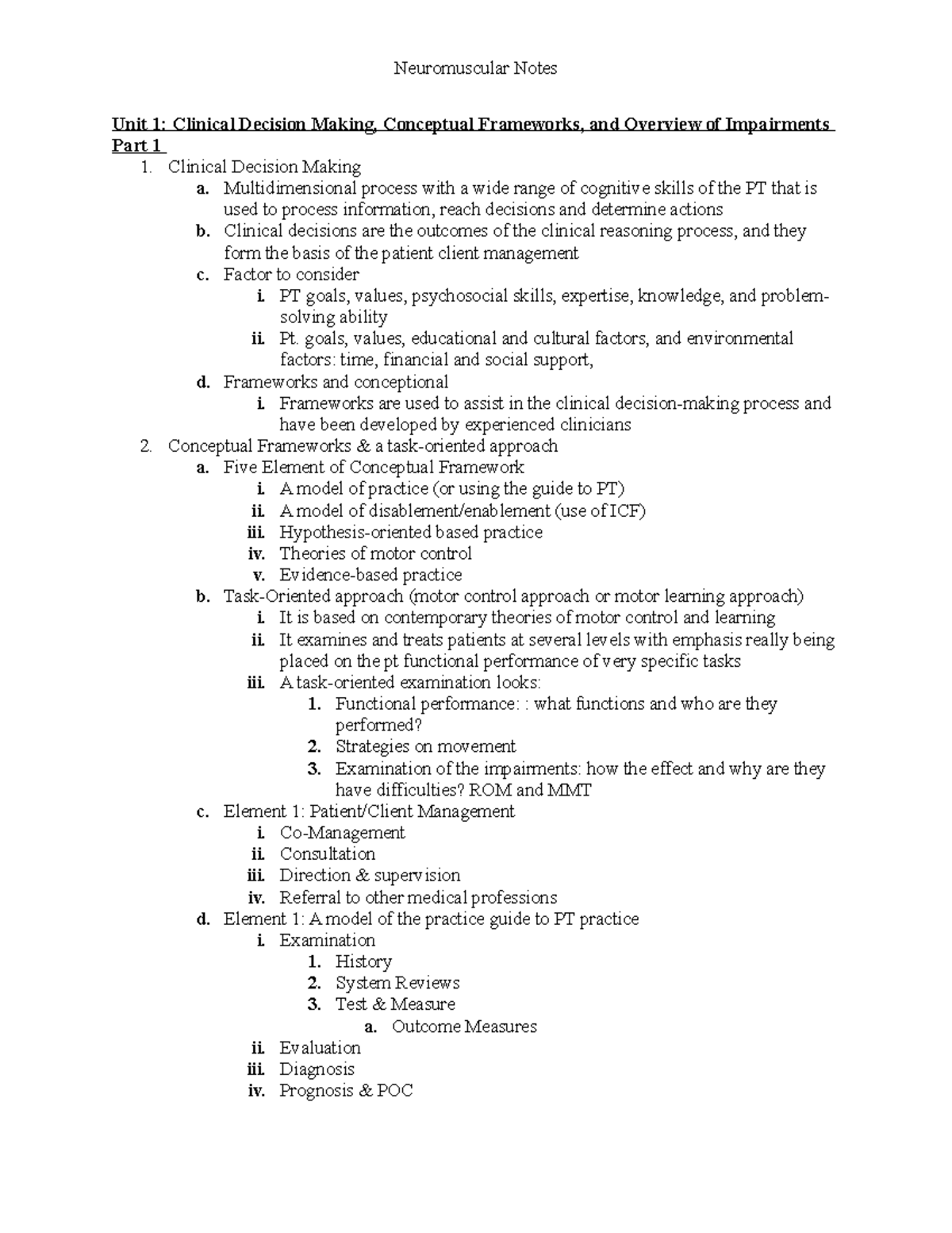 Neuromuscular Notes - Unit 1: Clinical Decision Making, Conceptual ...