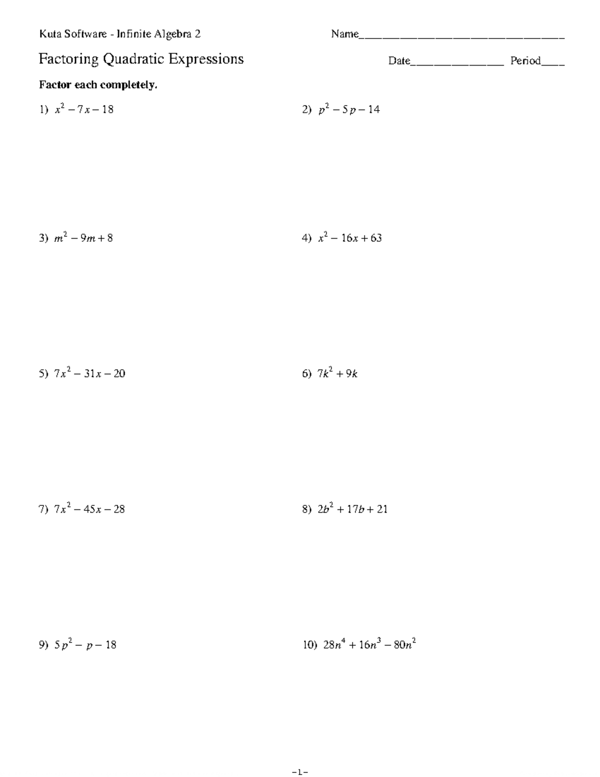 Factoring Quadratic Expressions - ©M f 2 q 0 P 1 M 2 V kKTuxtja 0 nSR ...