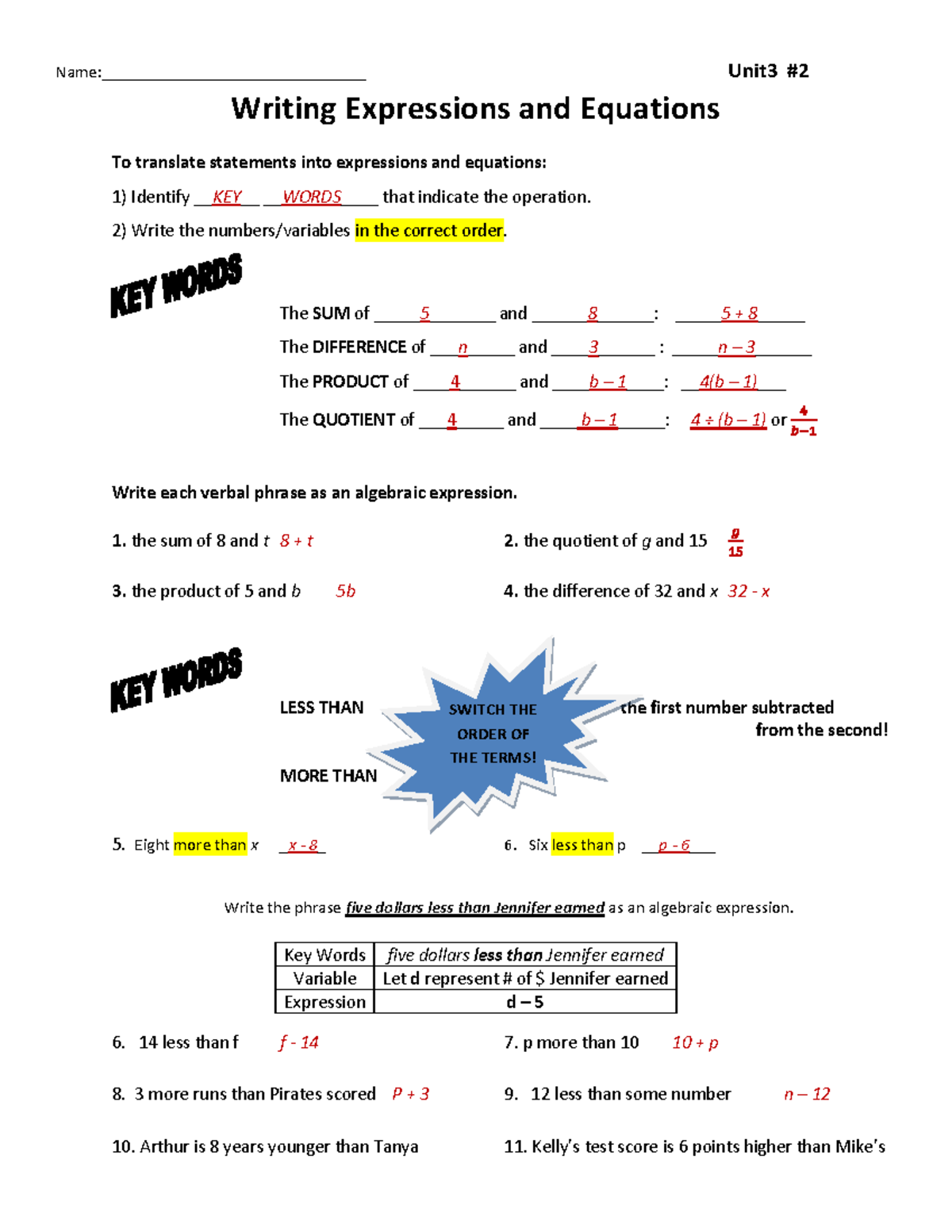 3.2 Writing Expressions and Equations KEY Name