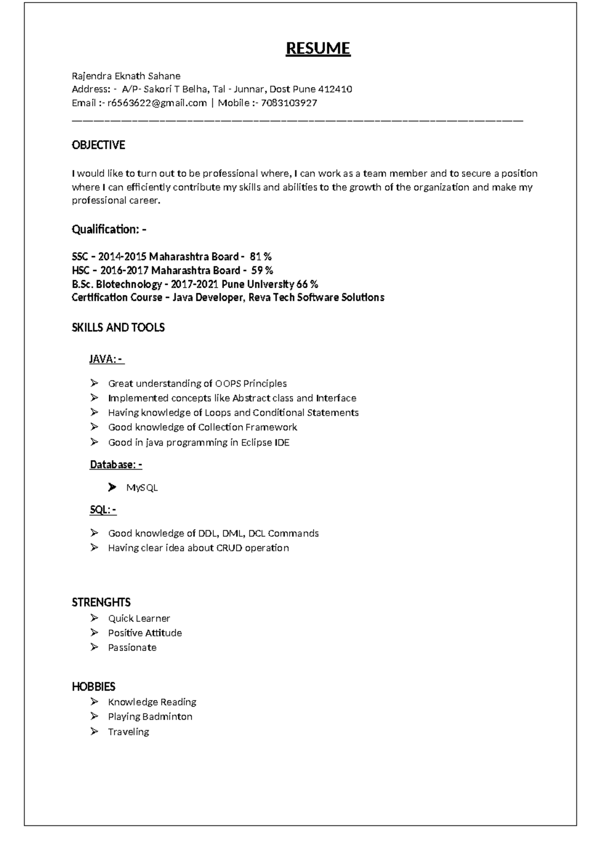 Naukari Resume - RESUME Rajendra Eknath Sahane Address: - A/P- Sakori T ...