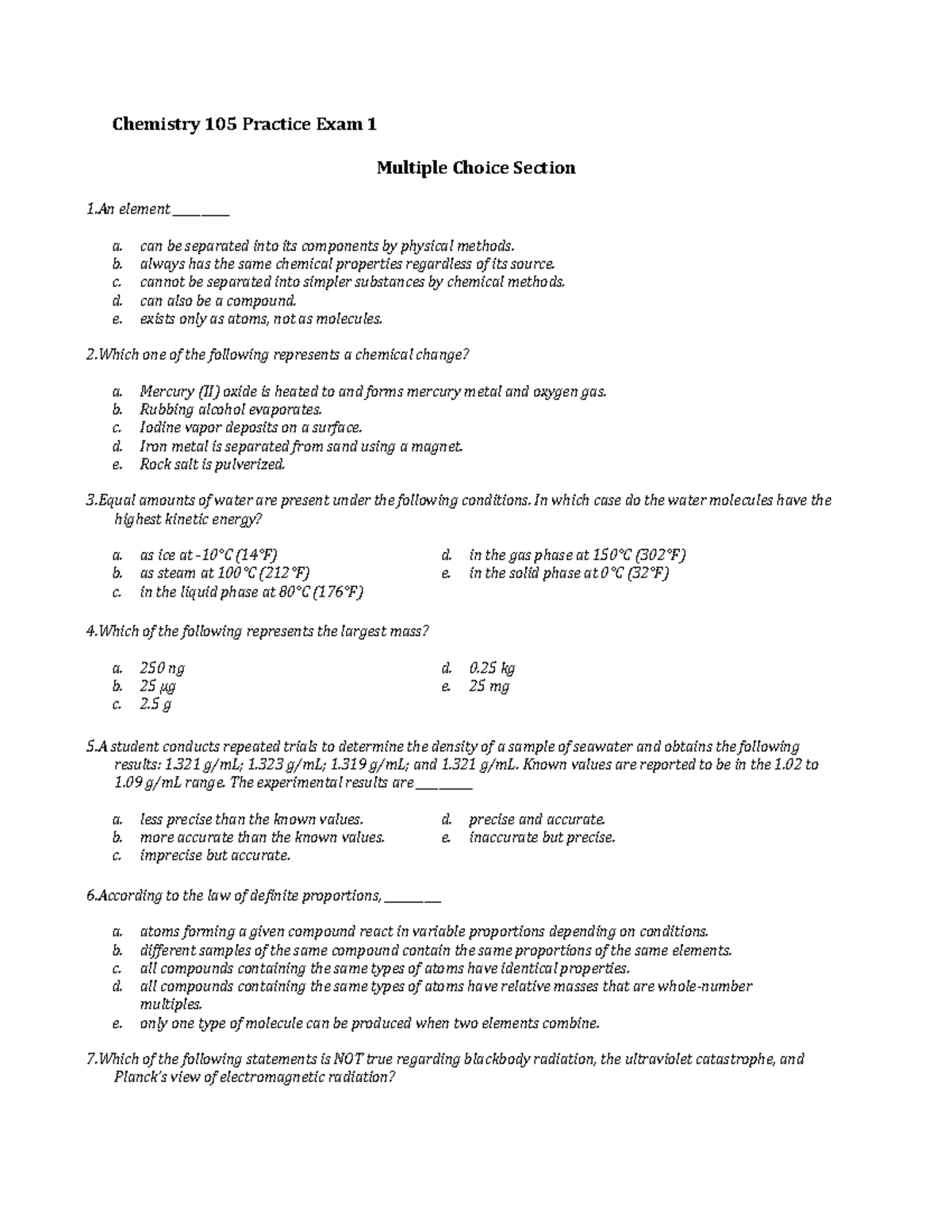 Exam 1 Practice - Study Guide - Chemistry 105 Practice Exam 1 Multiple ...