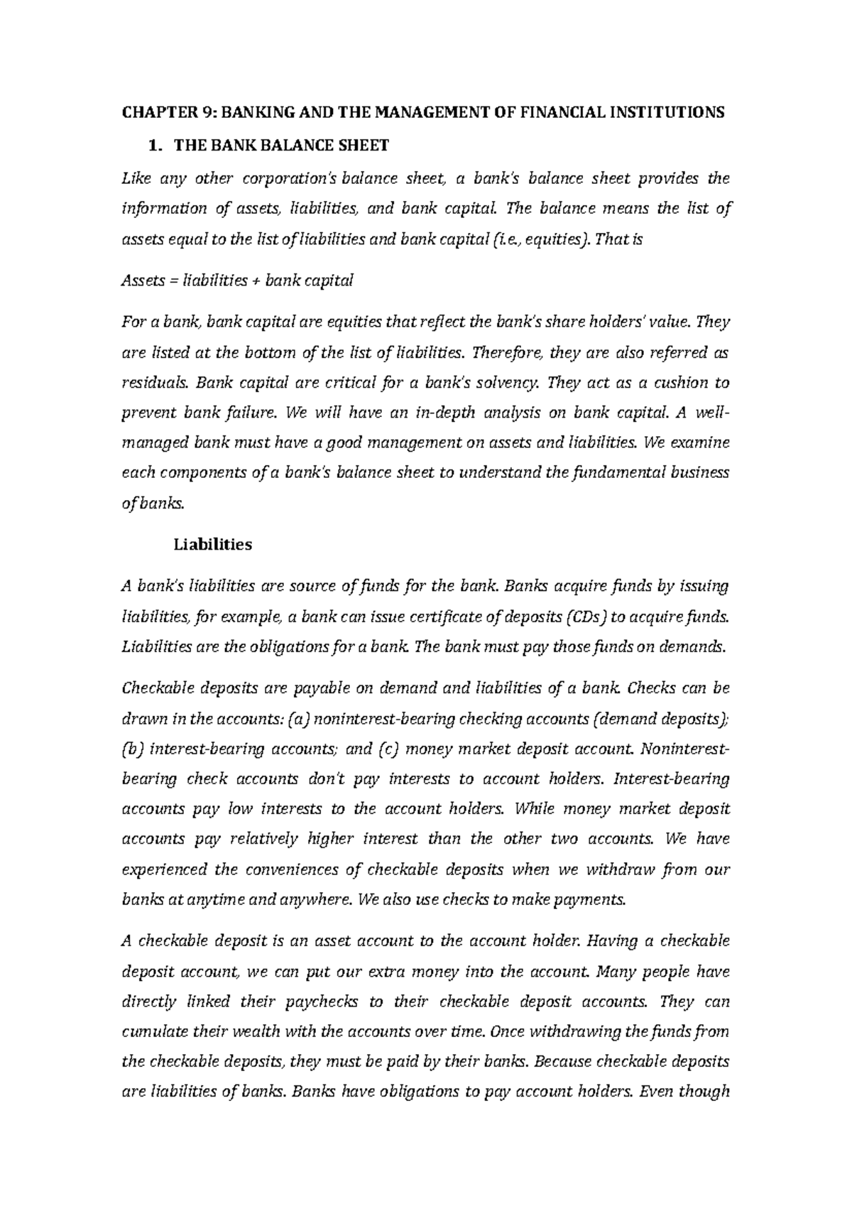 Chapter 9 - CHAPTER 9: BANKING AND THE MANAGEMENT OF FINANCIAL ...