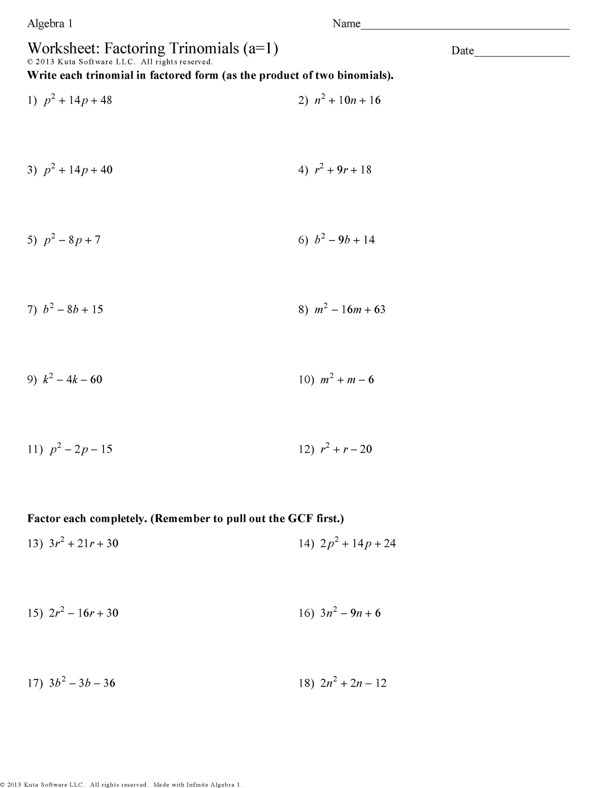 Factoring trinomials a ia 1 worksheet 1 - ©C k 2 f 0 u 1 p 3 D ...