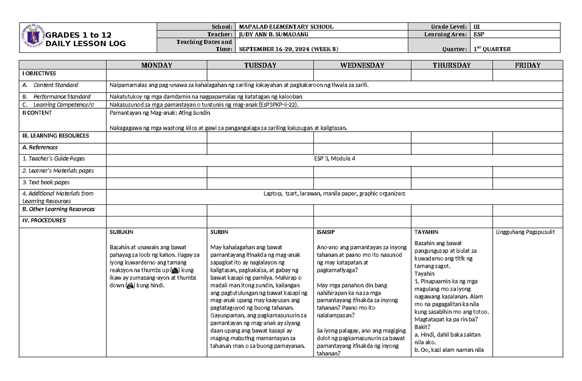 DLL ESP 3 Q1 W8 - DAILY LESSON PLAN - GRADES 1 to 12 DAILY LESSON LOG ...