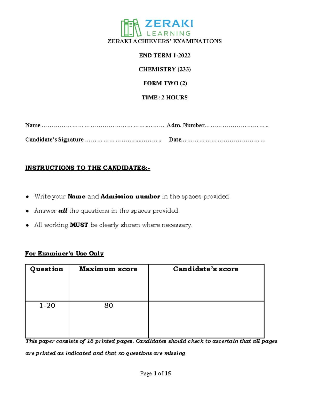 Chemistry Form 2 Question Paper Zeraki Achievers 6.0 - June 2022 ...