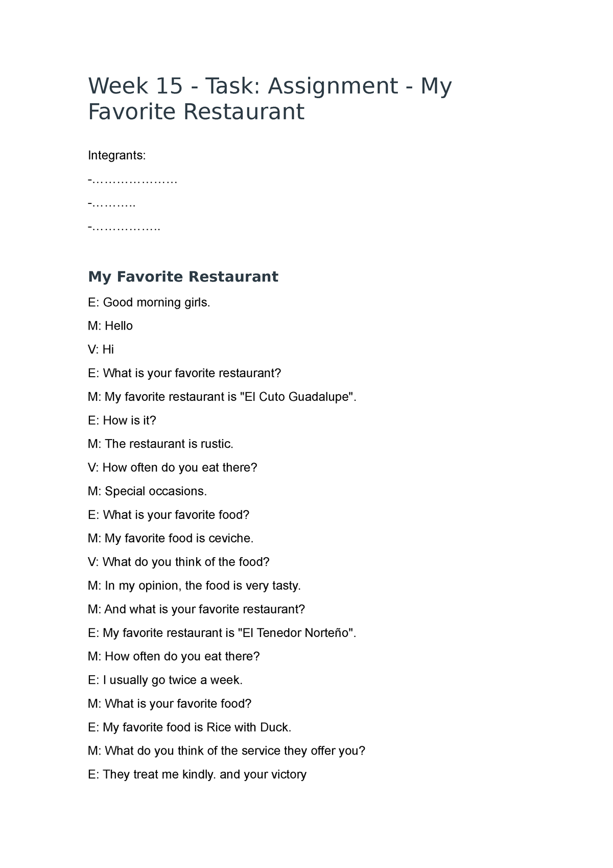 task assignment my favorite restaurant texto