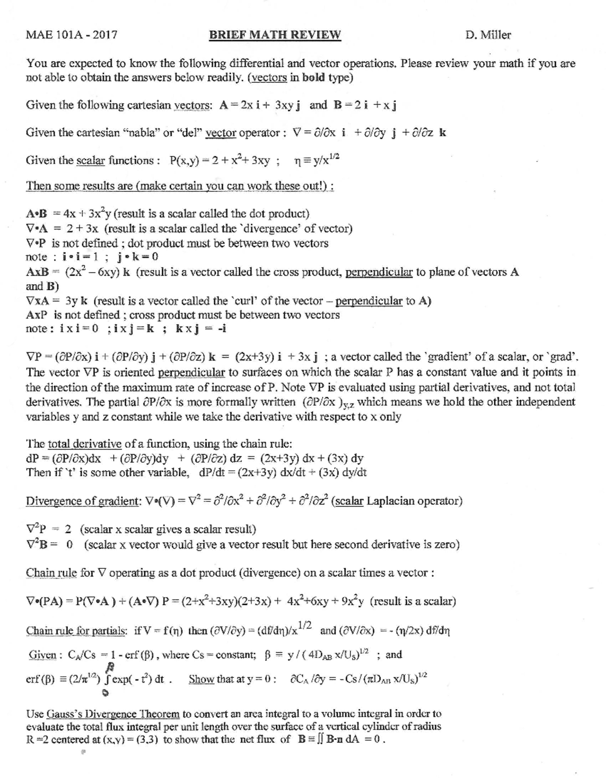Mae 101a 17 Math Review Mae 101a 17 Brief Math Review D Miller You Are Expected To Know The Studocu
