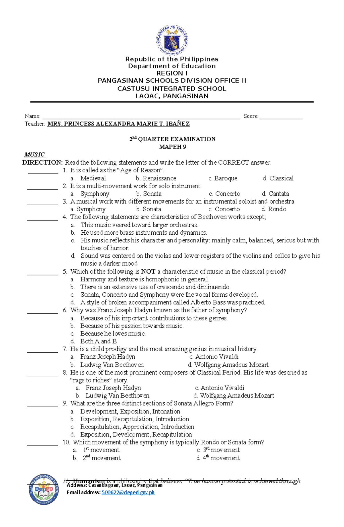 2nd Quarter Exam Mapeh 9 Final - Republic Of The Philippines Department 