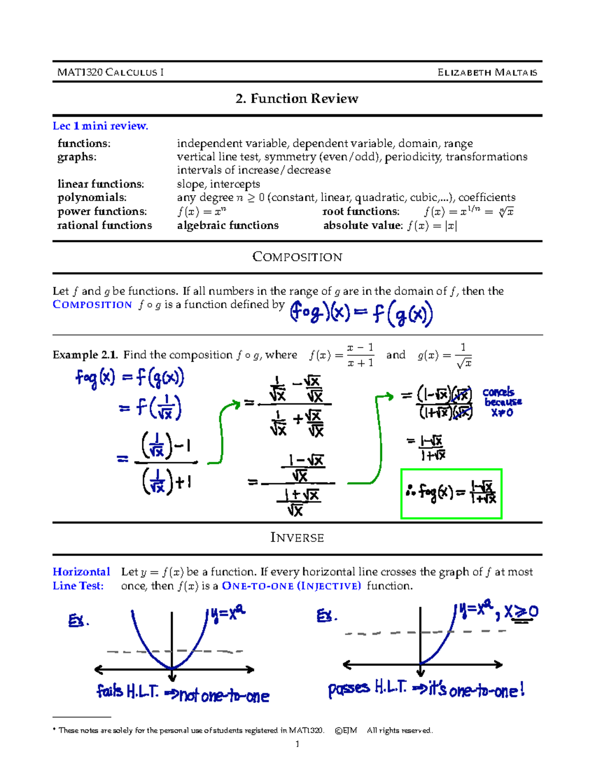 Lec2 mat1320 Function Review - MAT1320 C ALCULUS I E LIZABETH M ALTAIS ...