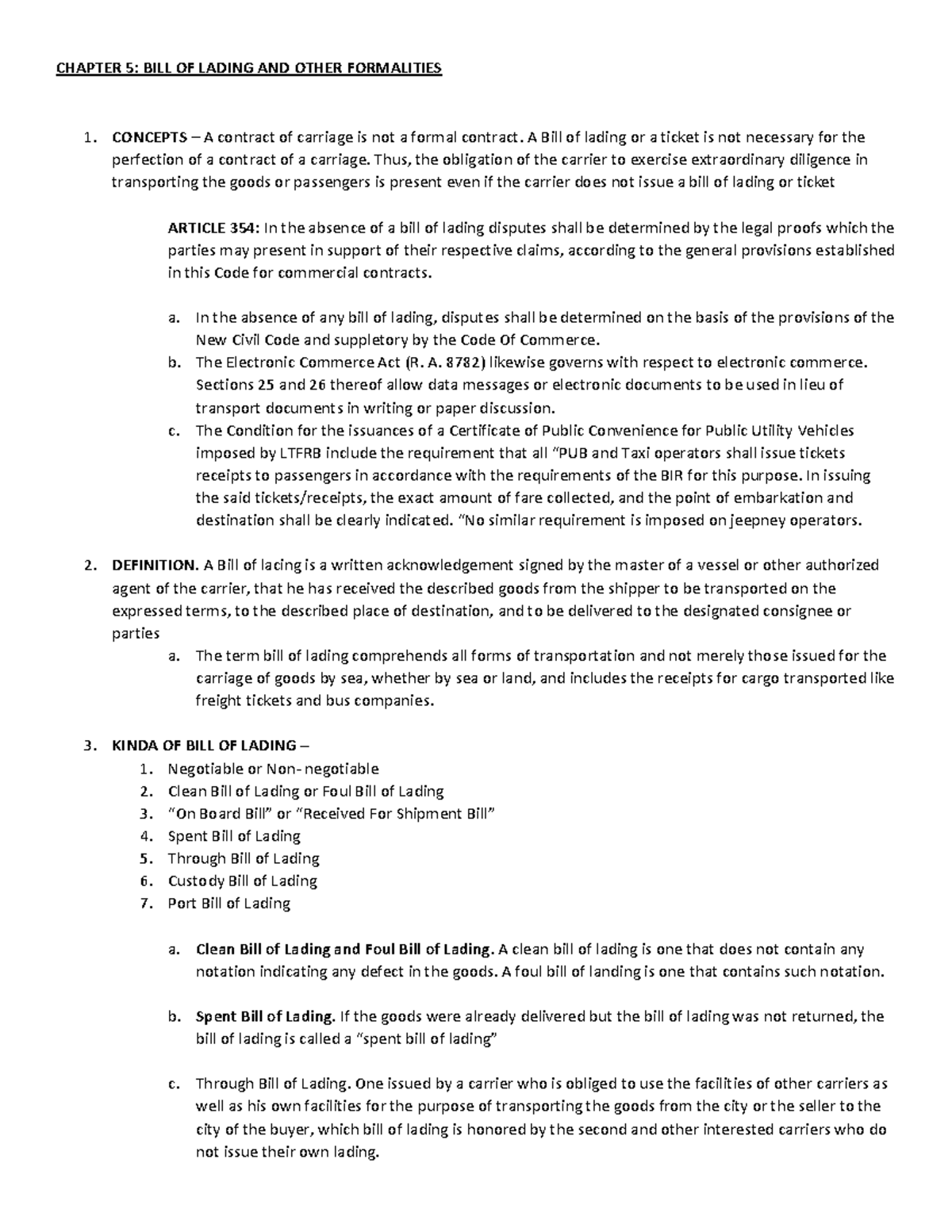 Chapter 5 - Summary - CHAPTER 5: BILL OF LADING AND OTHER FORMALITIES ...