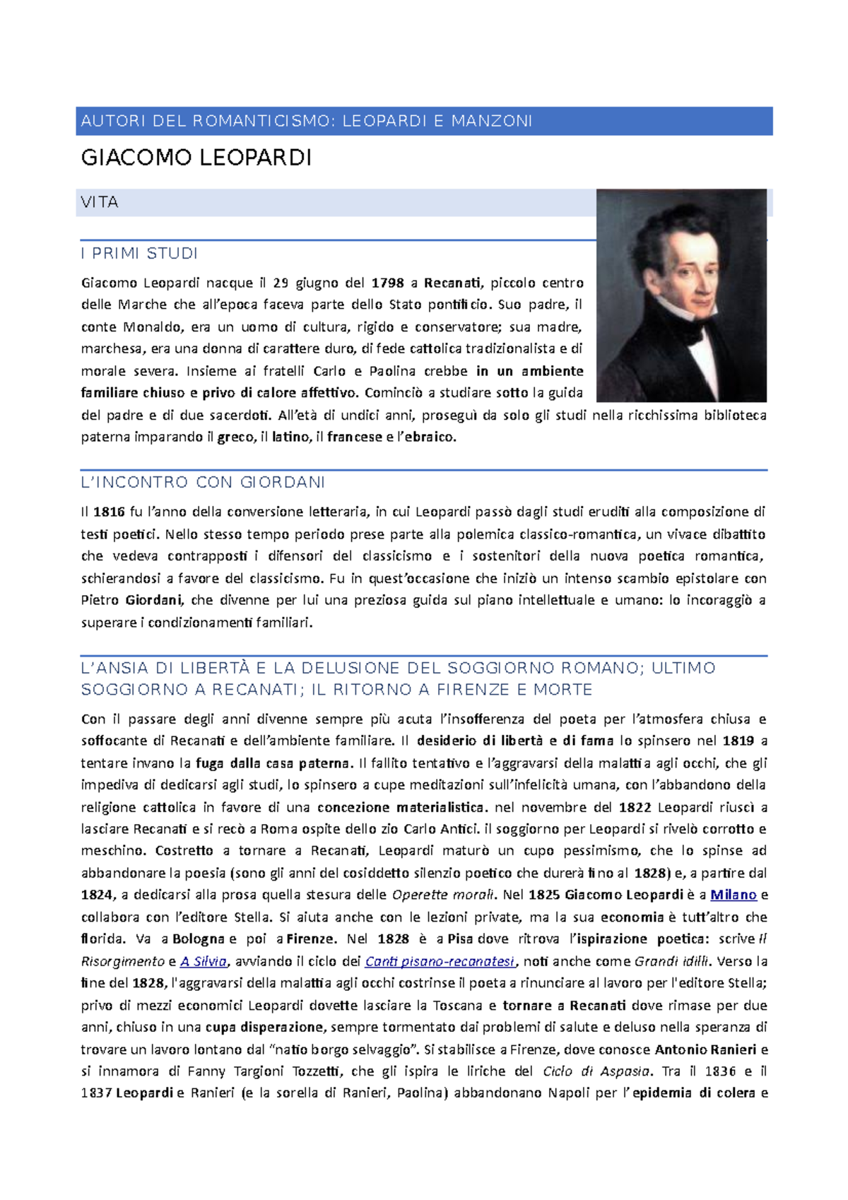 Leopardi - Suo padre, il conte Monaldo, era un uomo di cultura, rigido ...