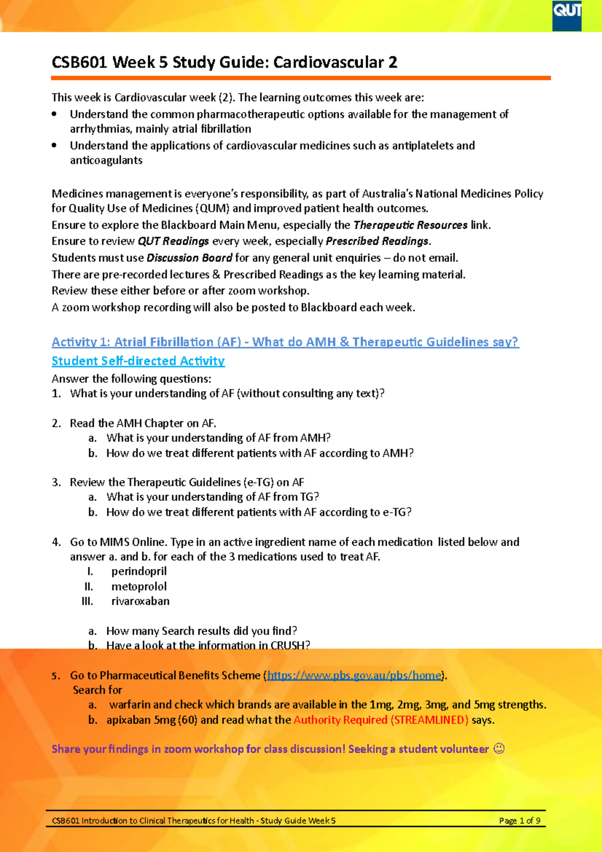CSB601 Week 5 Study Guide CV2 anticoagulants antiplatelets arrhythmias ...