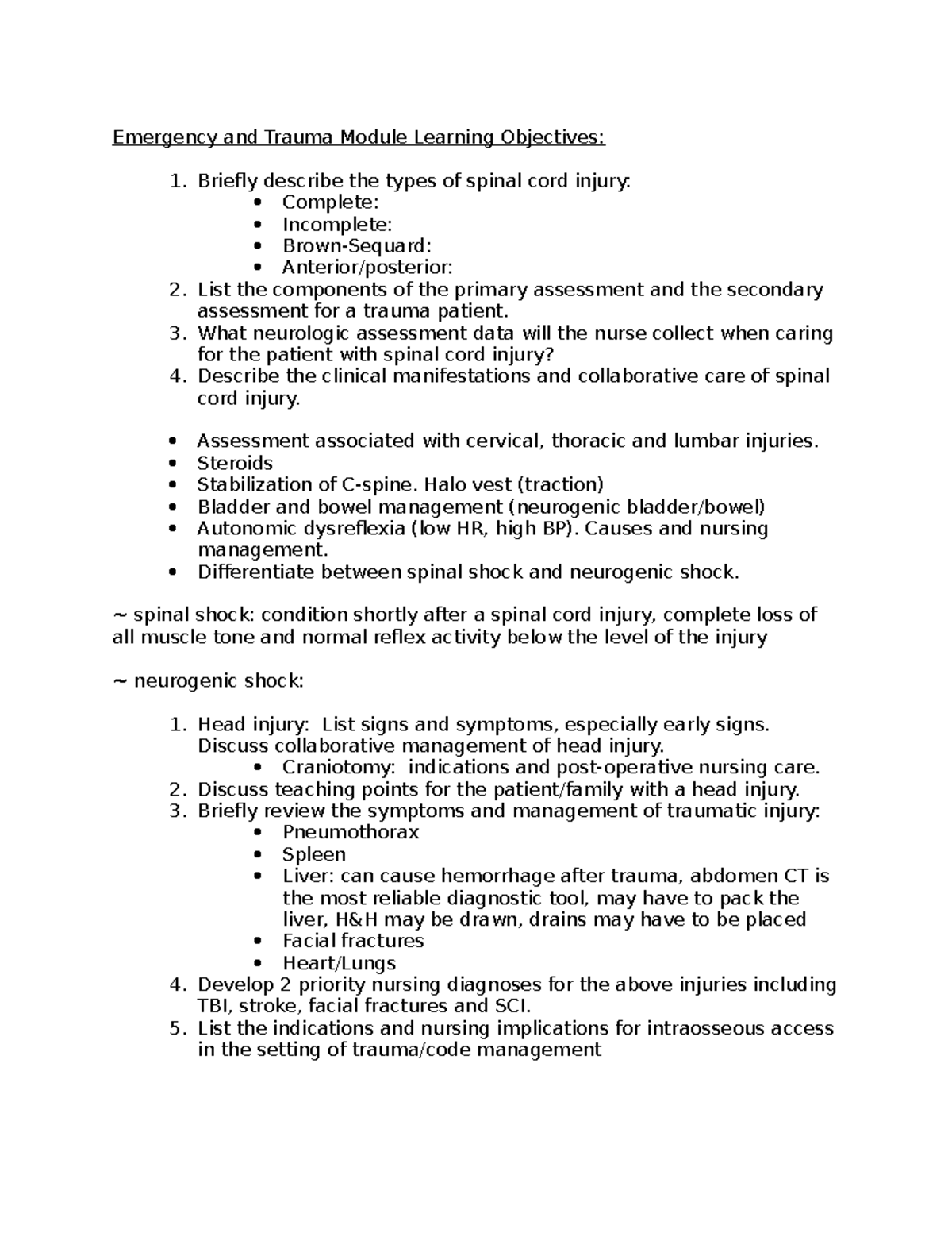 Emergency and Trauma Module Learning Objectives - What neurologic ...