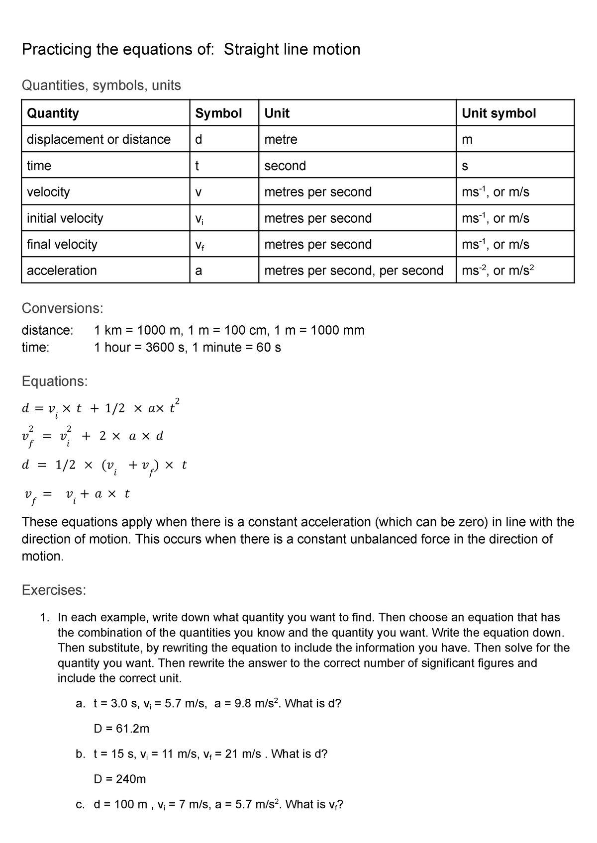 Worksheet 1 Straight line motion - Practicing the equations of ...