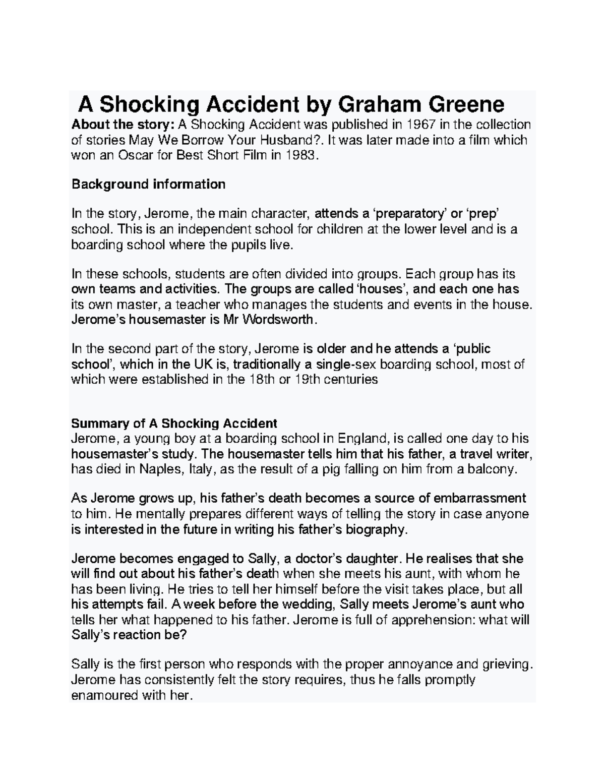 BA Functional English and language literature notes - A Shocking Accident by Graham Greene About ...