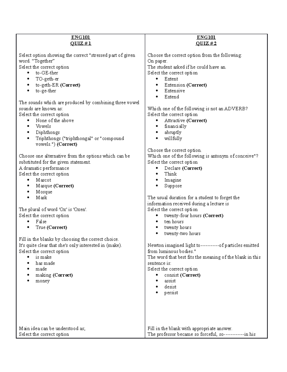 Eng101 Quiz1 2 Eng Quiz 1 Select Option Showing The Correct Eng101 Quiz1 2 Eng Quiz 1 Select Option Showing The Correct