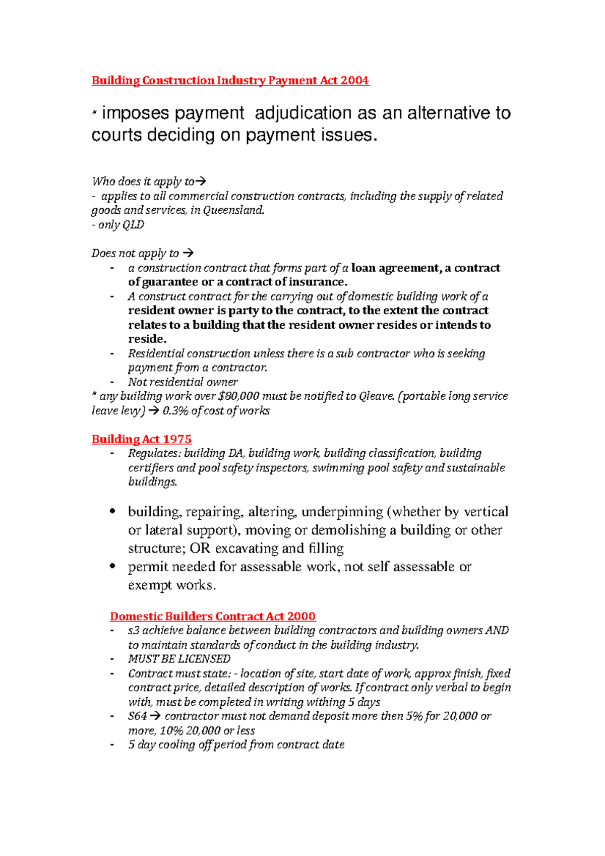 Summary Exam revision Building Construction Industry Payment Act