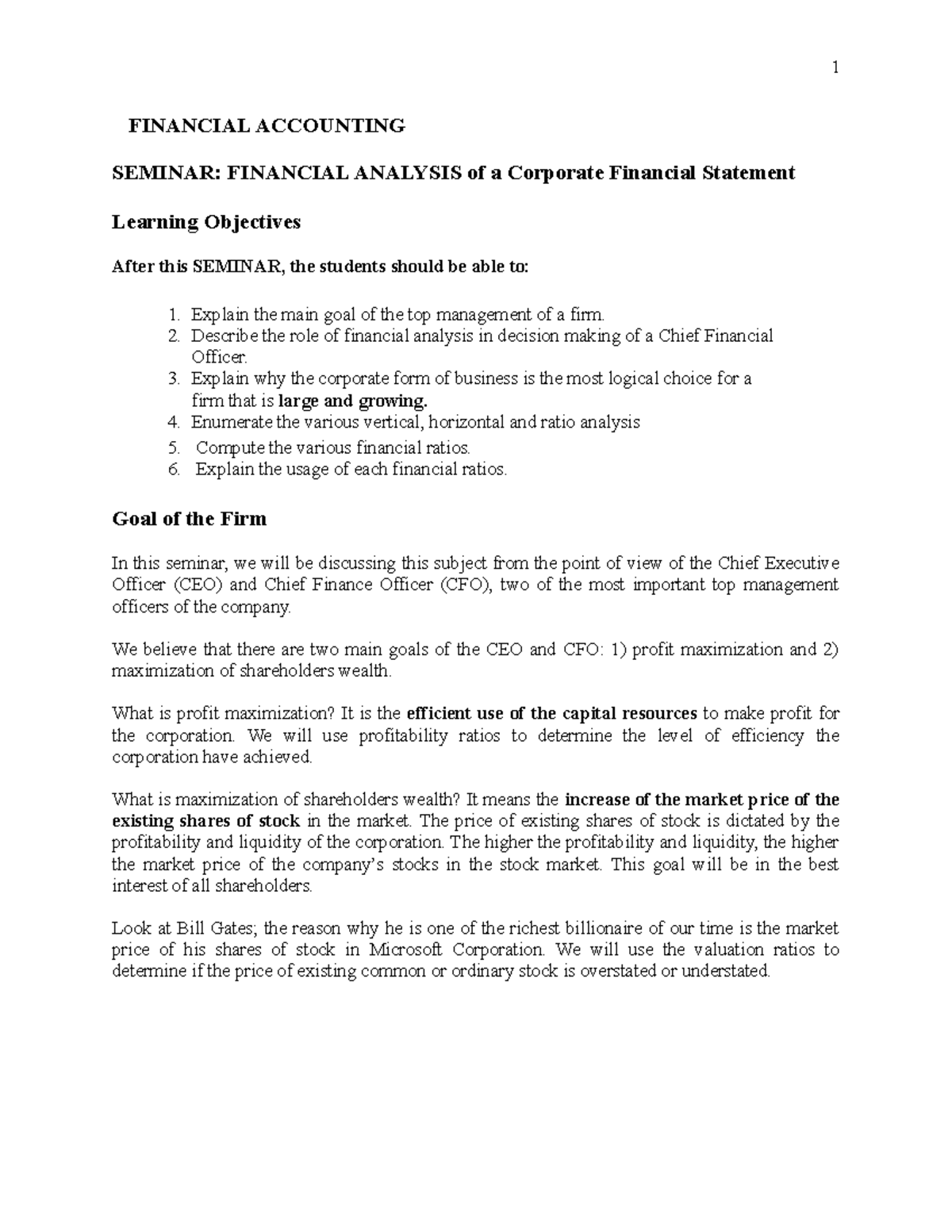 Financial Analysis A Seminar - FINANCIAL ACCOUNTING SEMINAR: FINANCIAL ...