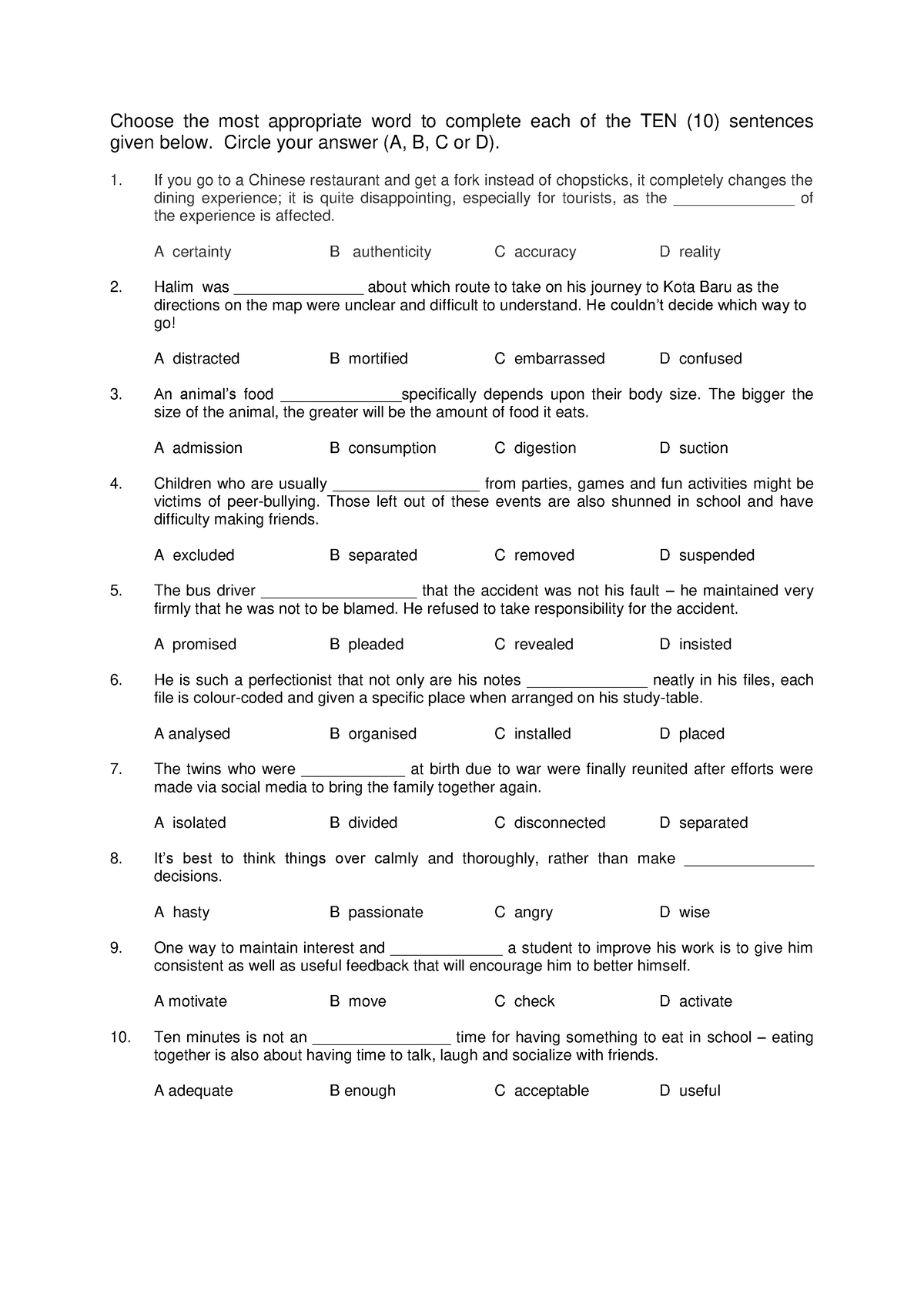 Contextual Clues for Word Meanings FILL IN THE Blanks - Choose the most ...