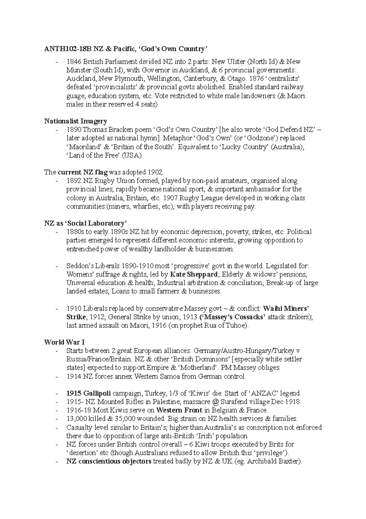 Lecture 7 Gods Own Country Notes ANTH10218B NZ & Pacific, ‘God’s