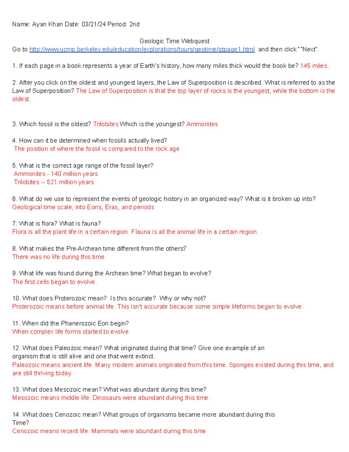 Geologic Time Webquest - Name: Ayan Khan Date: 03/21/24 Period: 2nd ...