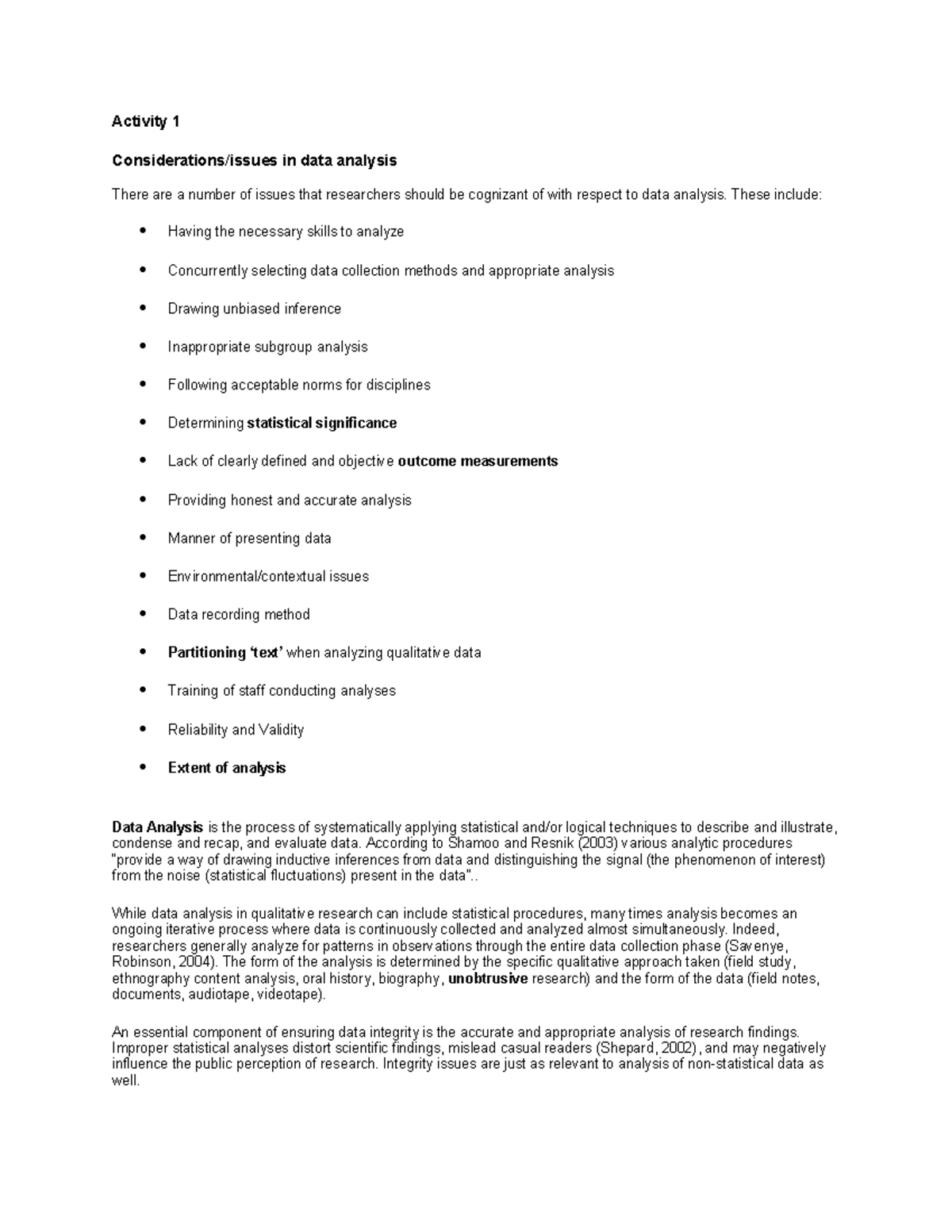Considerations - Activity 1 Considerations/issues in data analysis ...