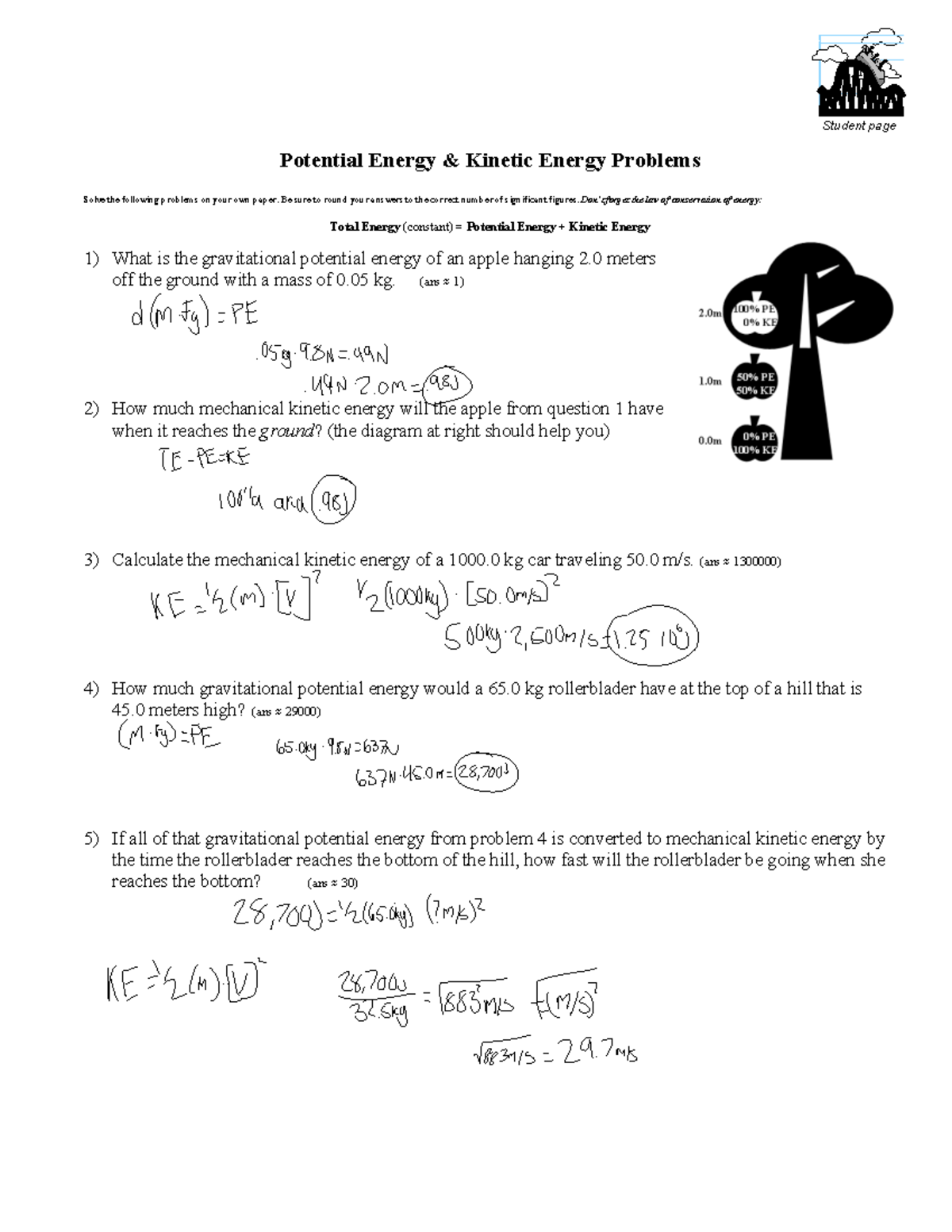 Act+-+PE+%26+KE+Problems+%28S%29 - Student page Potential Energy ...