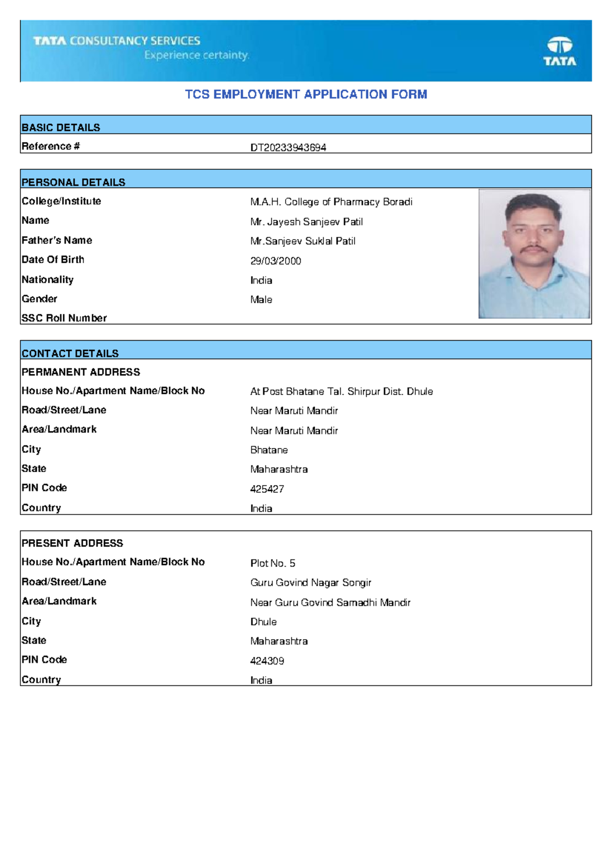 DT20233943694 Application - TCS EMPLOYMENT APPLICATION FORM BASIC ...