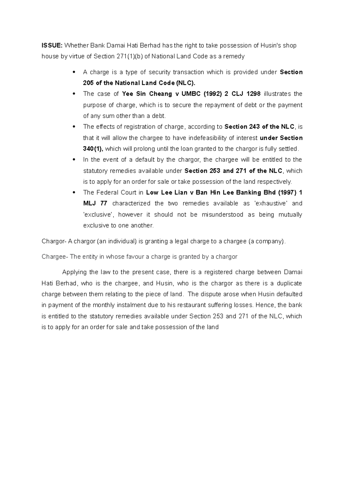 LAW554 Chargor and Chargee ISSUE Whether Bank Damai Hati Berhad has