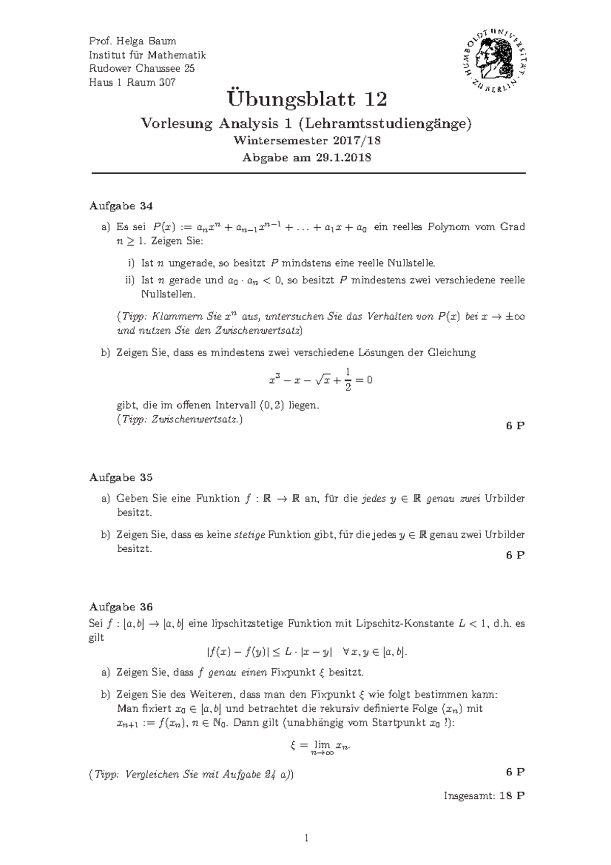 UA Ana I WS17 12 - Übungsblatt Zur Analysis 1 Bei Frau Helga Baum ...