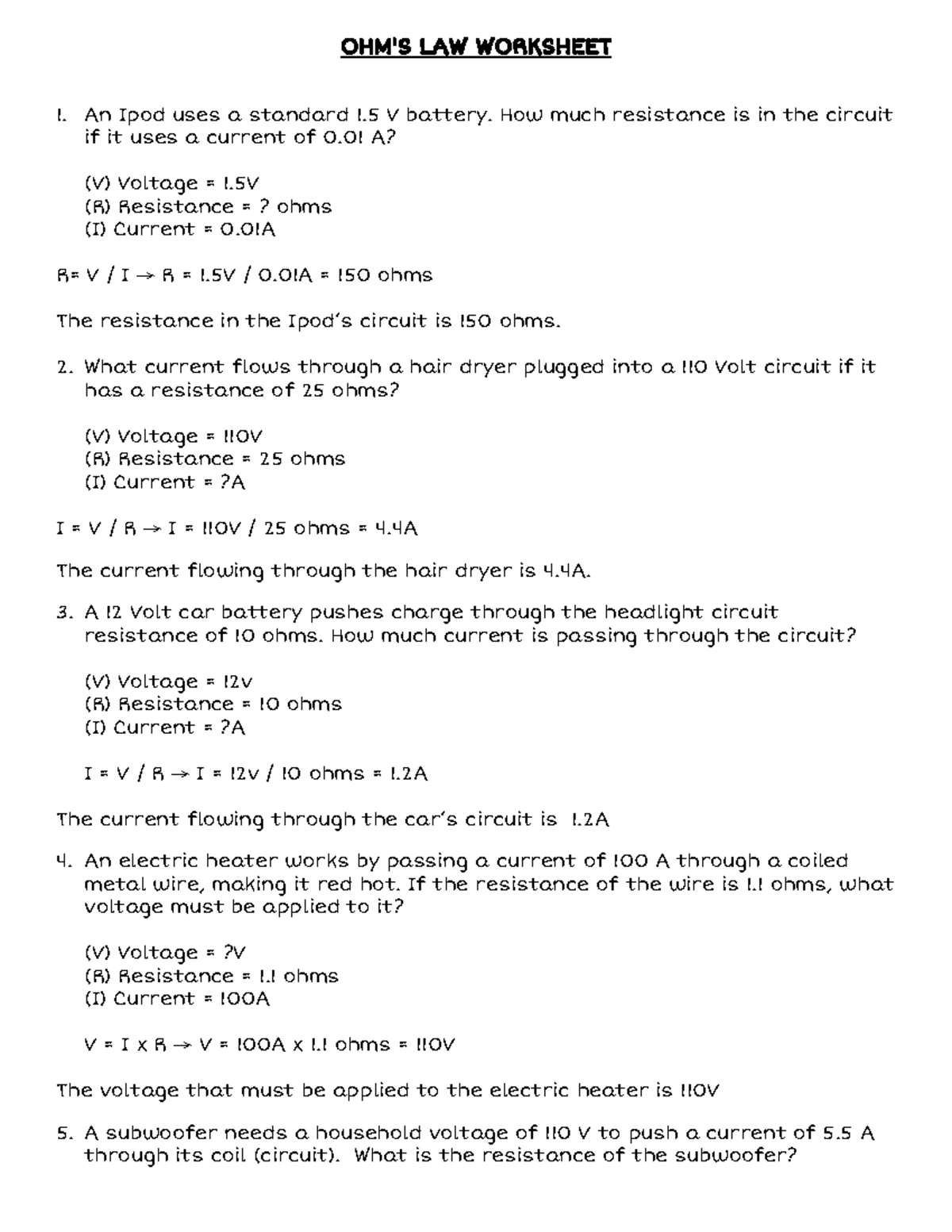11.3 Ohms Law Worksheet NEW OHM'S LAW WORKSHEET An Ipod uses a standard 1 V battery. How much