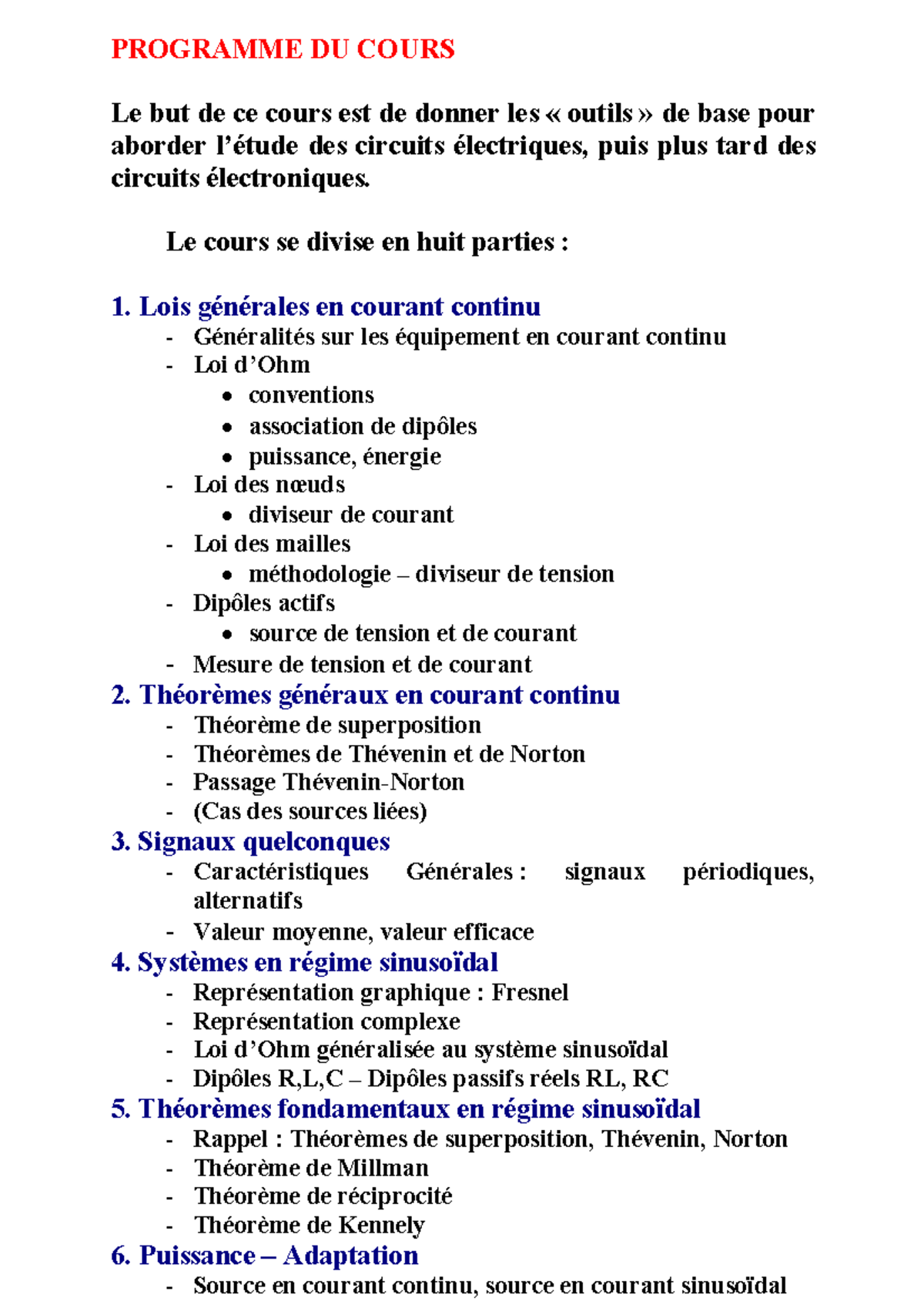 Cours électronique - PROGRAMME DU COURS Le but de ce cours est de ...