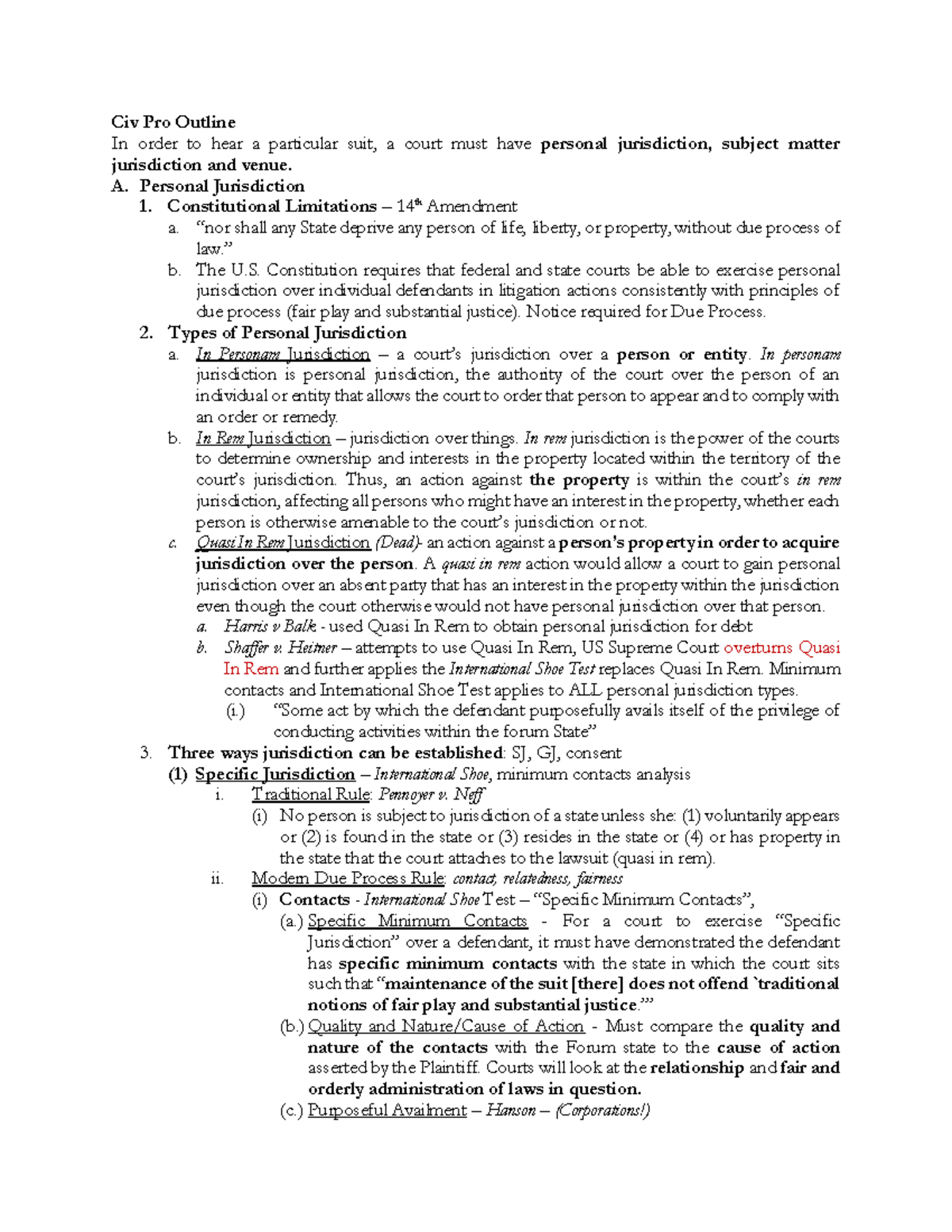 Civil Procedure Outline for 1Ls 1731986612 - Civ Pro Outline In order ...