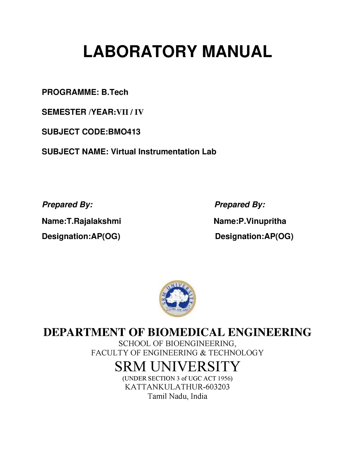 Vilabmanual - LABORATORY MANUAL PROGRAMME: B SEMESTER /YEAR:VII / IV ...