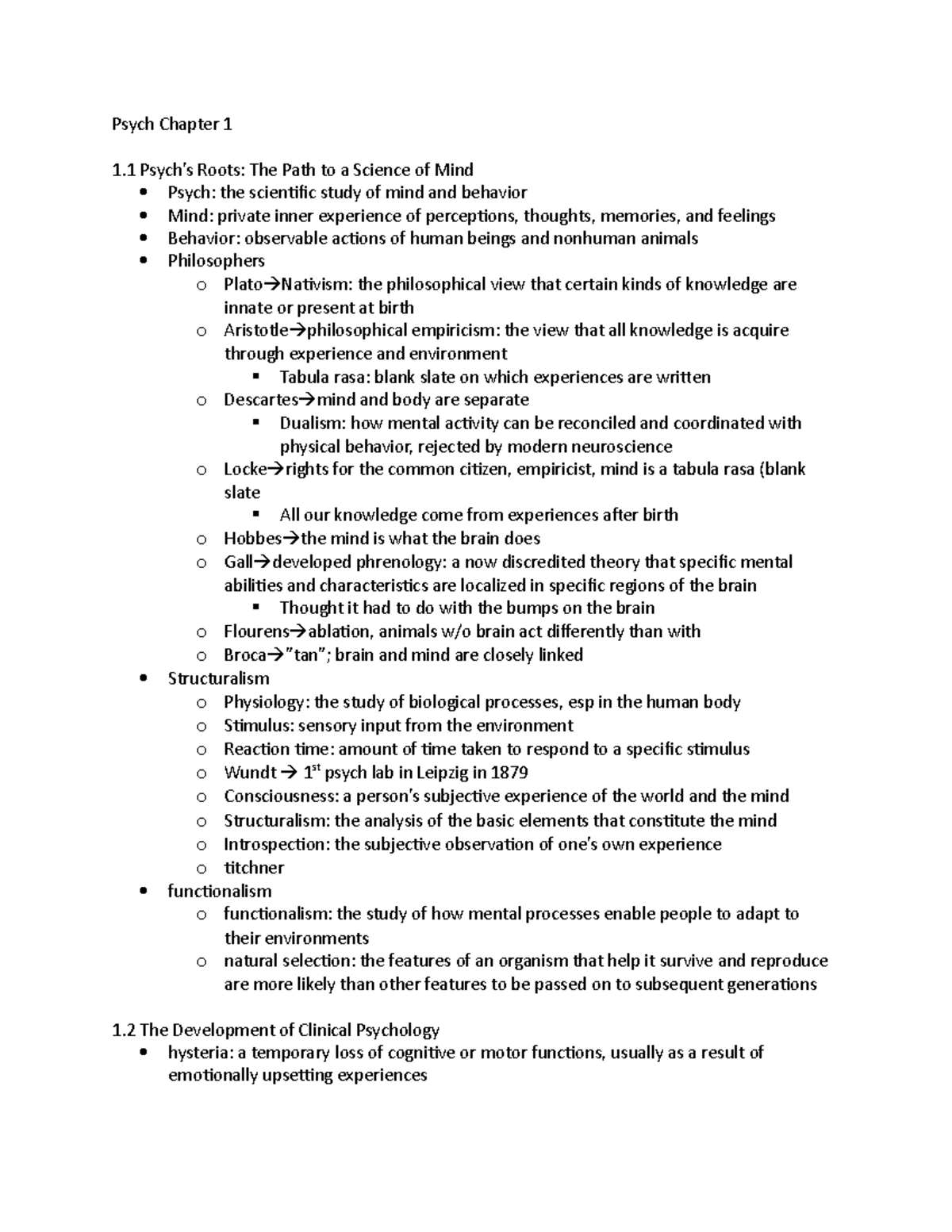 Book Notes- Chapter 1 - Psych Chapter 1 1 Psych’s Roots: The Path to a ...