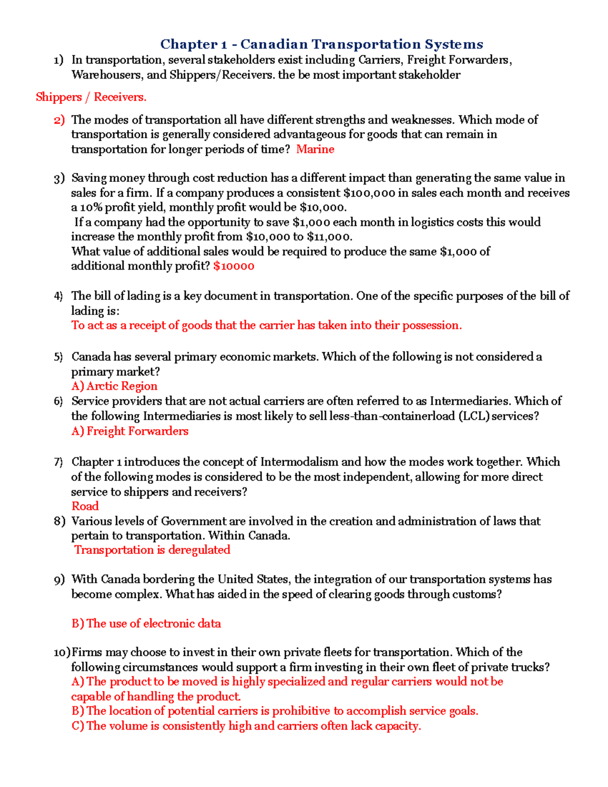 Quizzzes+ Review Course works Chapter 1 Canadian Transportation